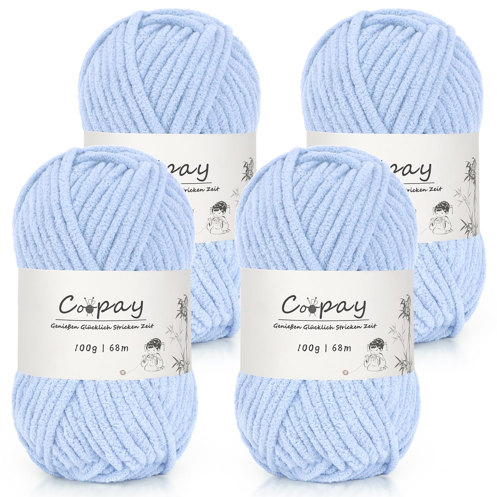 Coopay Chenille Chunky Wolle zum Häkeln Dickes Garn, 4 x 100g Dicke Wolle zum Stricken, Super Flauschig Weiches Wolle für Babydecke, Grobes Chenille-Garn für Decken, Schals, Taschen - Himmelblau