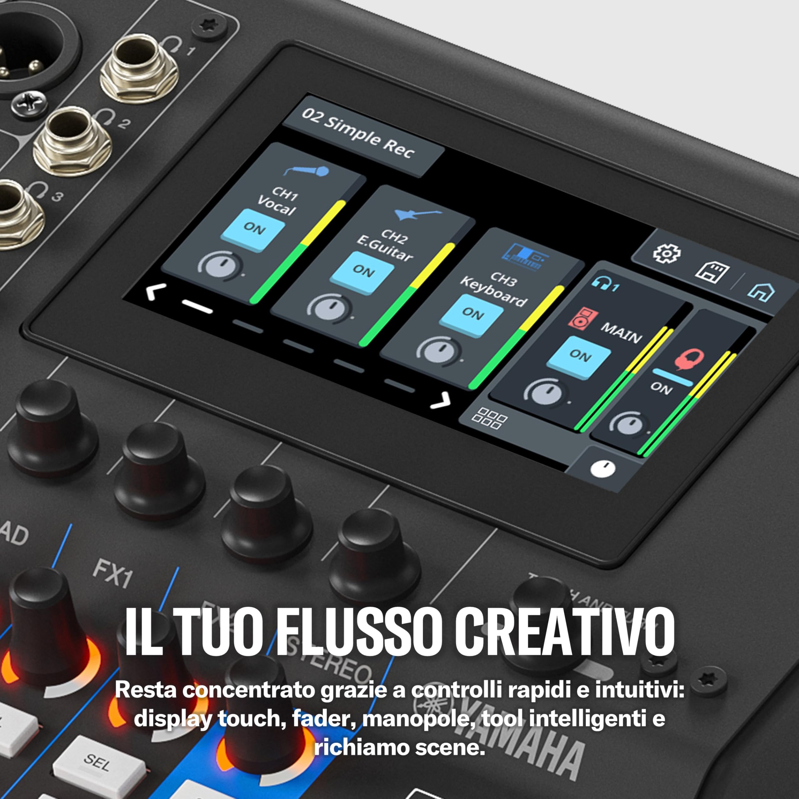 YAMAHA MGX12 Console di Mixaggio Digitale con LCD Touch, Bluetooth, Nero | Mixer Compatto con Doppia USB, Registrazione Multitraccia su microSD e Strumenti Audio Intelligenti