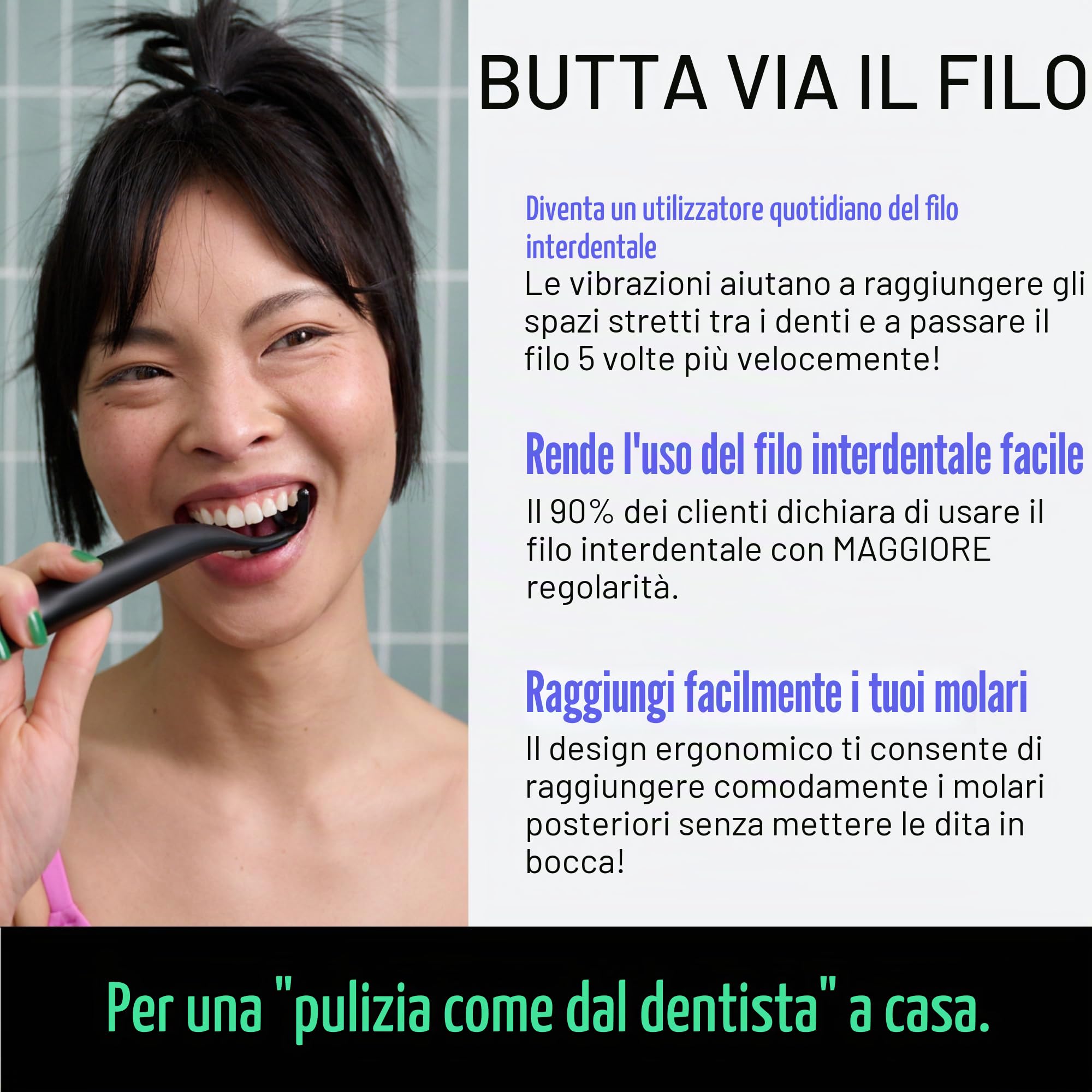 FLAUS Filo interdentale elettrico (Shark Tank) a 3 velocità + 45 testine di ricarica con filo interdentale delicato per la cura delle gengive sensibili, alternativa al filo interdentale consigliato