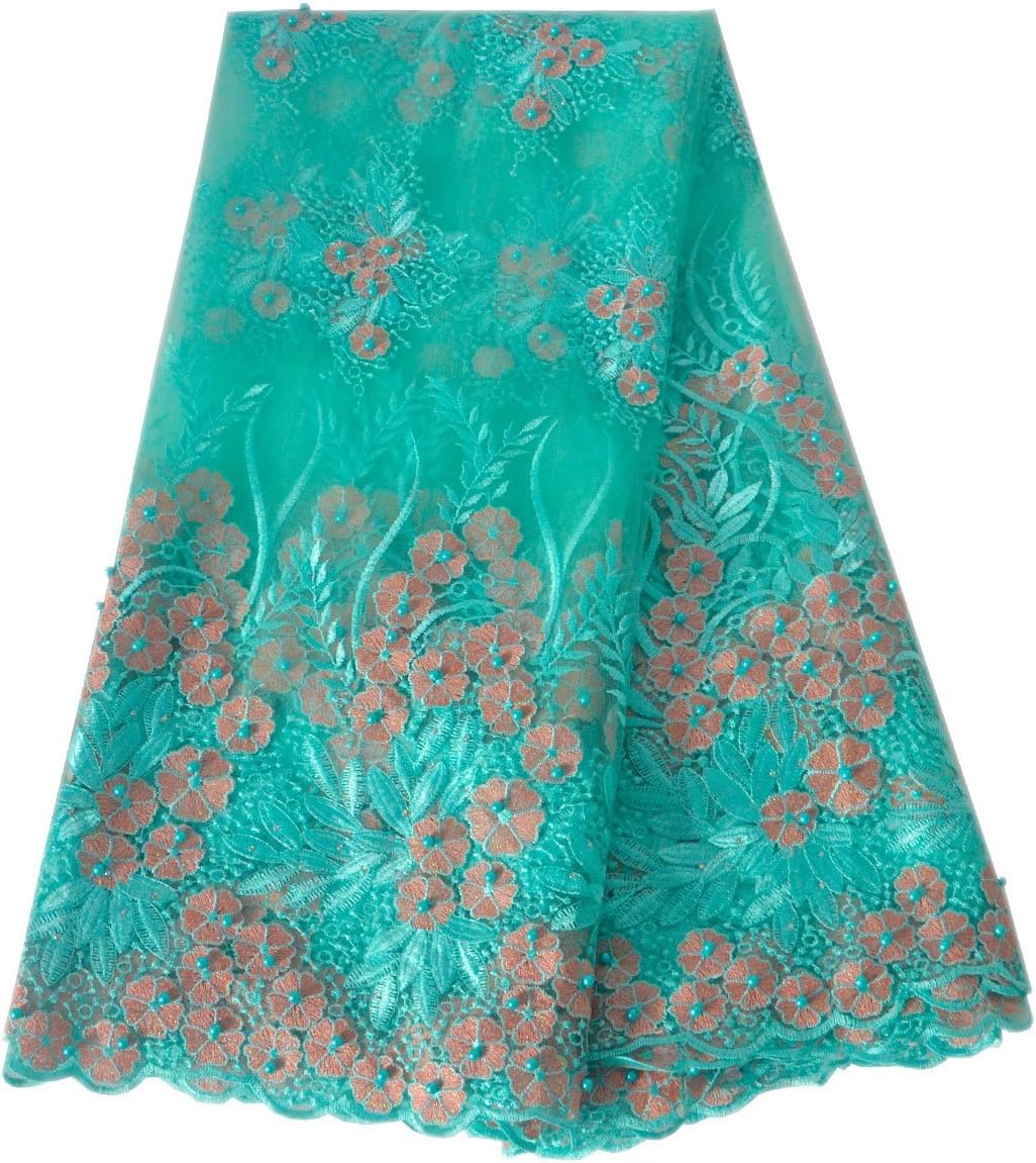 Lacerain 5 Yards African Lace Fabric Nigerian French Mesh Tulle Lace Fabrics Material Embroidery and Rhinestones Trim for Party Wedding Dress Skirt (Green)