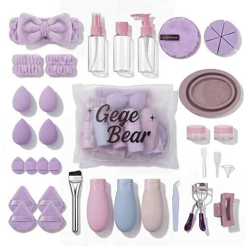 Gege Bear 38-Piece Complete Beauty & Skincare Kit for Women | Spa Headband + Wrist Bands, 18 Sponges & Puffs, 8 Travel Bottles, Collapsible Brush Cleaning Tub, Eyelash Curler, Tweezers, Foundation Brush | All-in-One Makeup Starter & Travel Kit | (Lavender, 38 PCS)