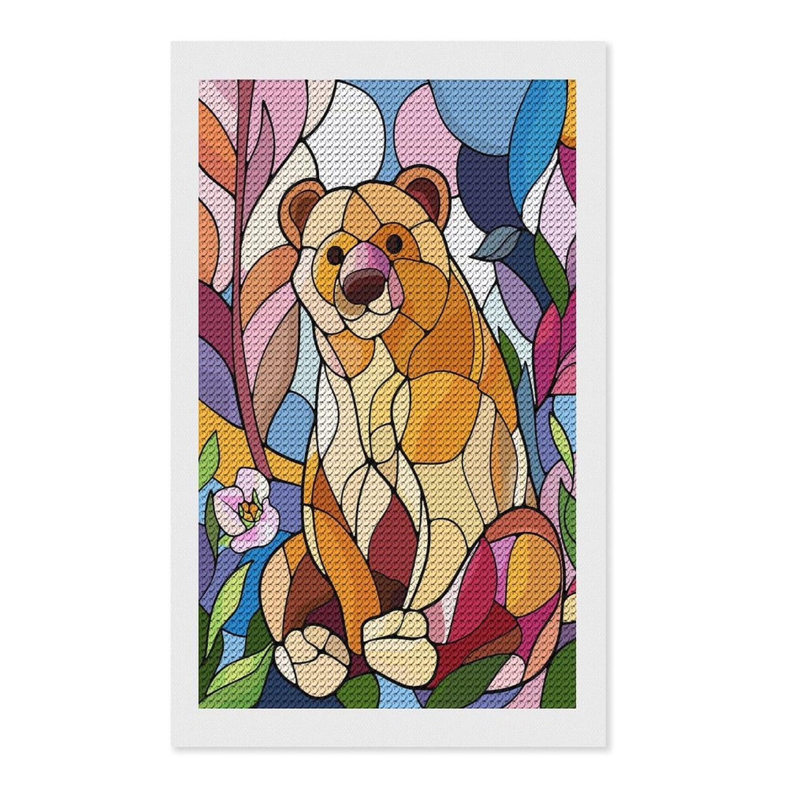 Junmoney Stained Glass Bear with Flowers Diamond Painting Canvas Set 12"x20", for Adults, Sparkling Round Gems, Thoughtful Handmade Gift, Modern Decor