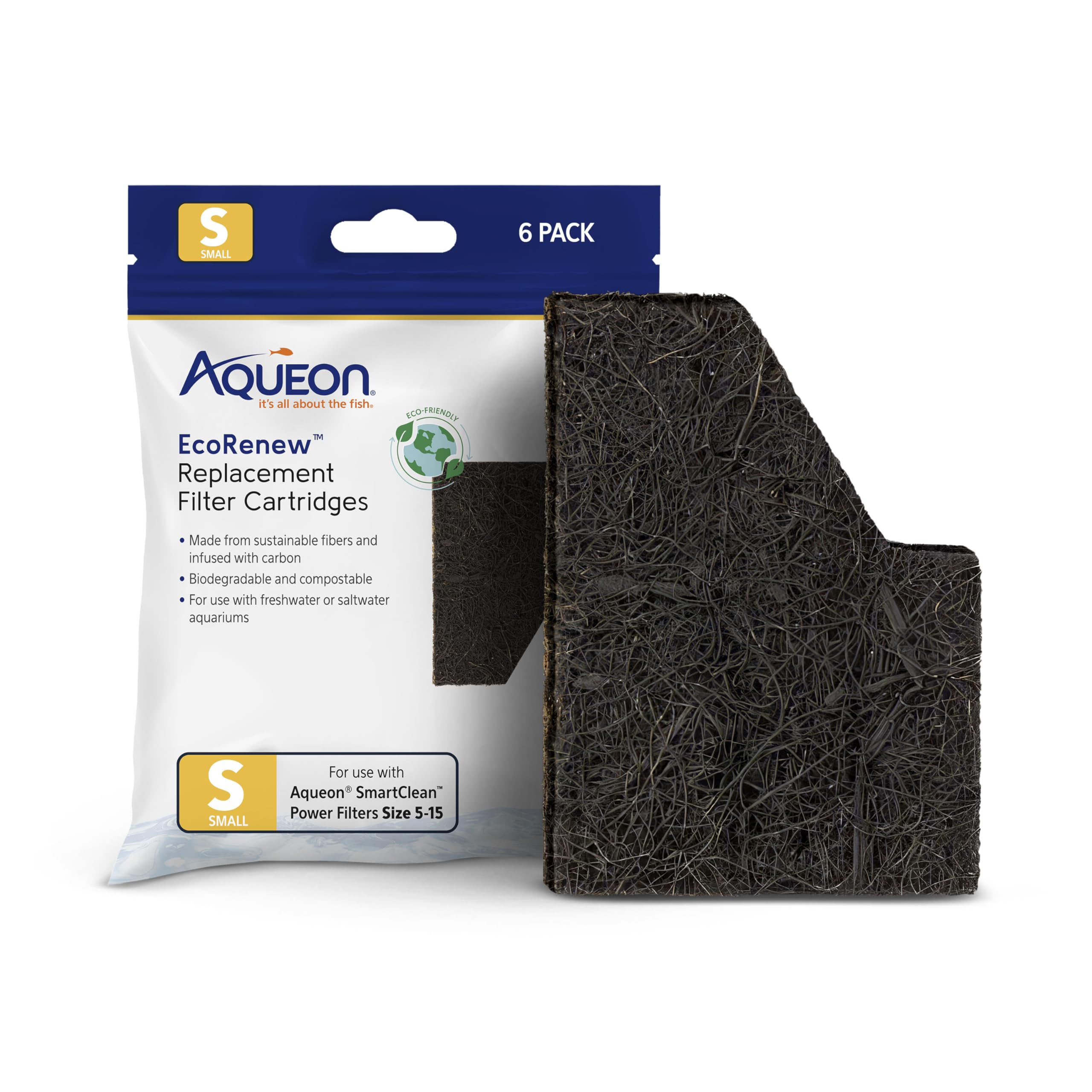 Aqueon GENUINE EcoRenew Filter Cartridges, For Freshwater and Saltwater Aquariums, Small, 6-Pack