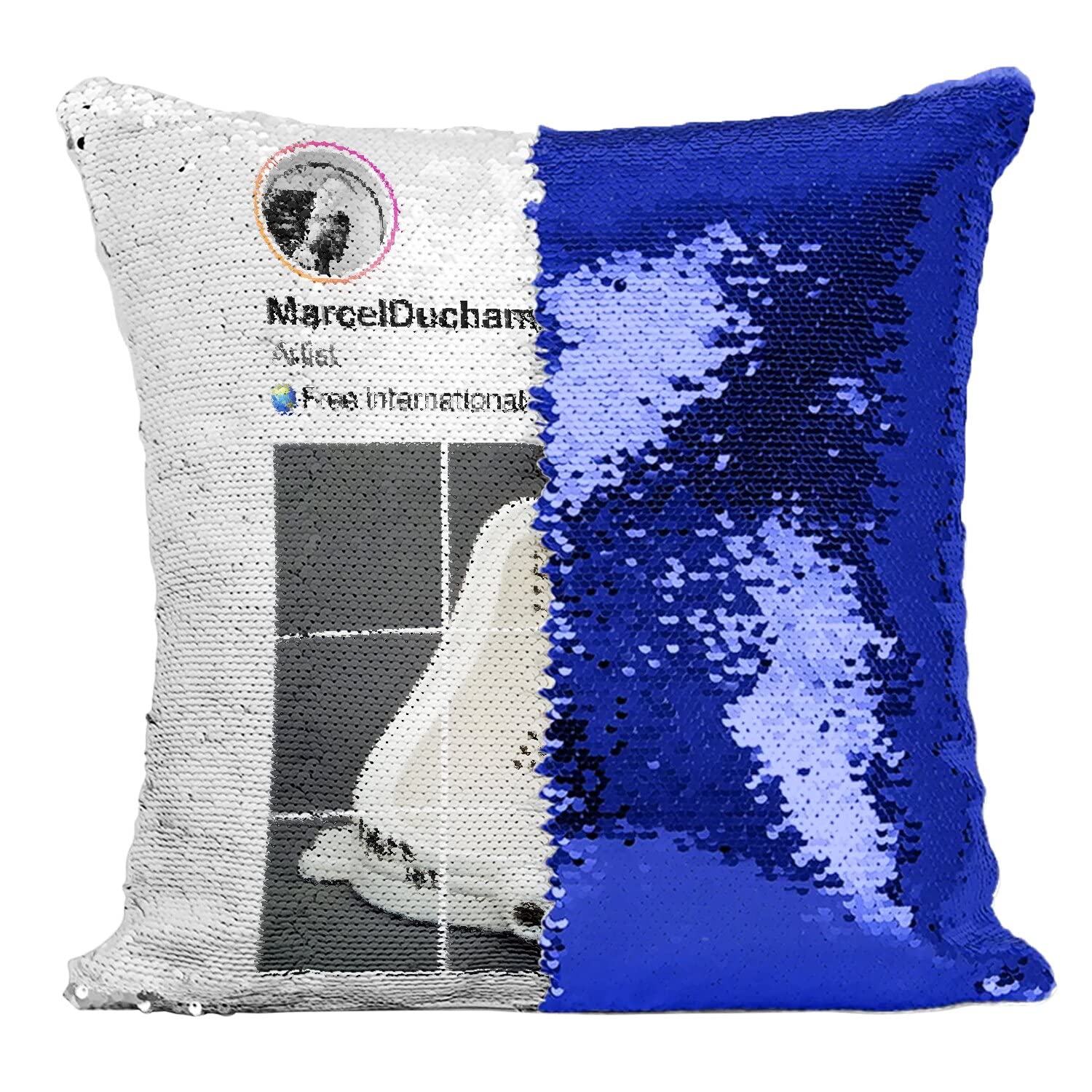 Coussin paillettes bleu Marcel Duchamp housse sequin peinture moderne art