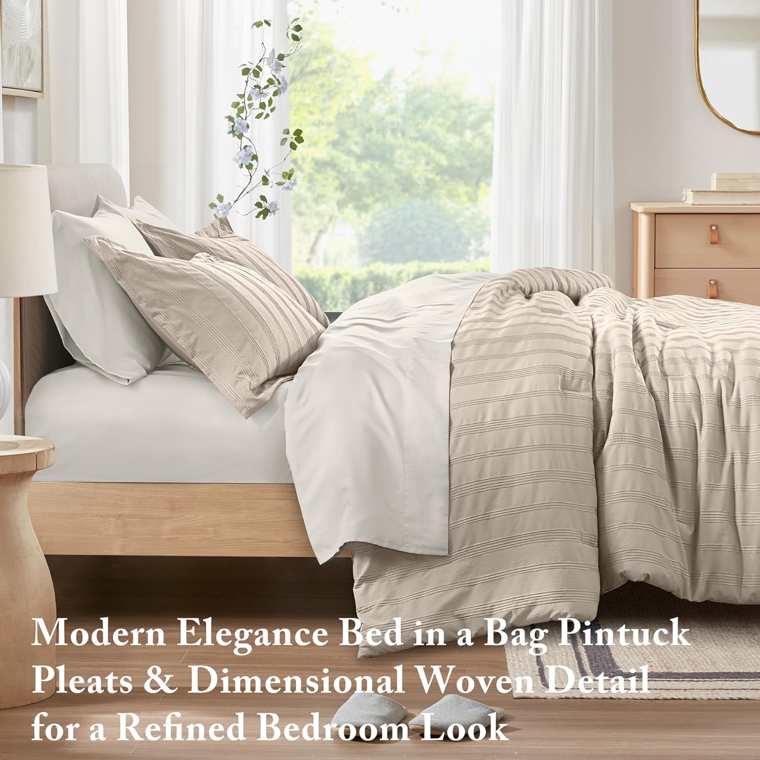 Madison Park Essentials Striped Comforter Set King, 7 Pieces Modern Minimalist Jacquard Bedding Set for All Season, Bed in A Bag with Sheet Set and Soft Brushed Reverse, Lightweight Neutral - Image 2