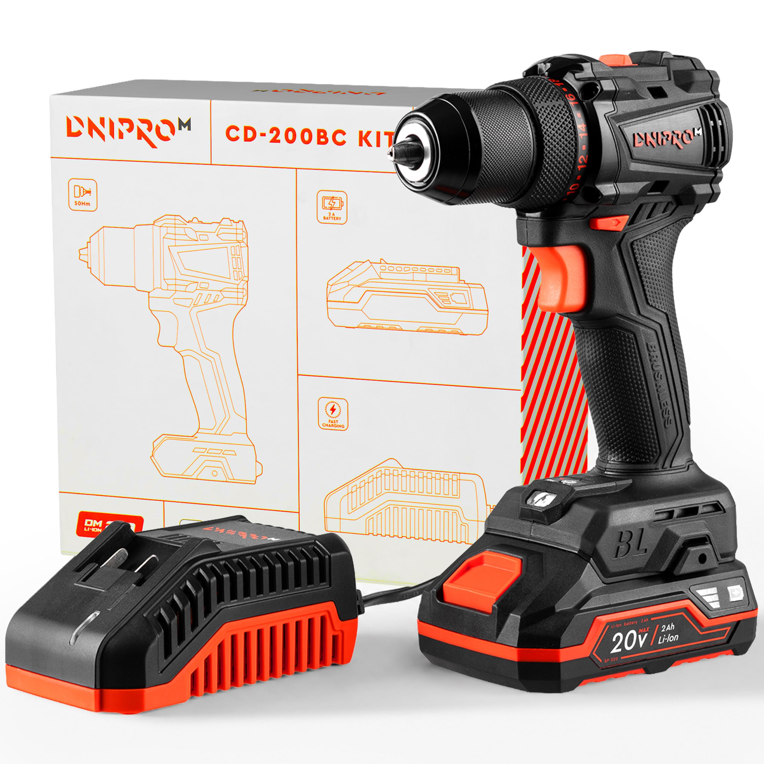 Taladro Atornillador Brushless 20V 50 Nm con Batería 2.0 Ah, Cargador Rápido, Portabrocas Metálico 13 mm y Maletín, Taladro Inalámbrico para Bricolaje – CD-200BC KIT