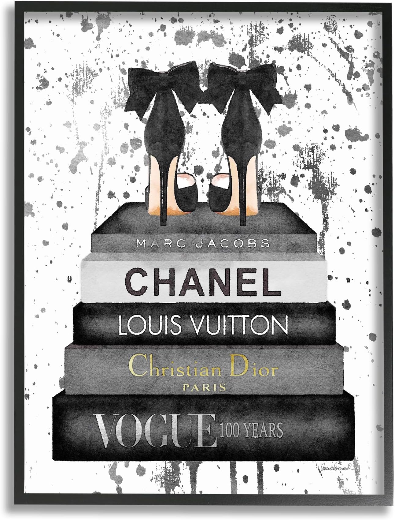 Stupell Industries Glam Fashion Book Stack Grey Bow Pump Heels Ink Black Framed Wall Art, 16 x 20, Design by Artist Amanda Greenwood