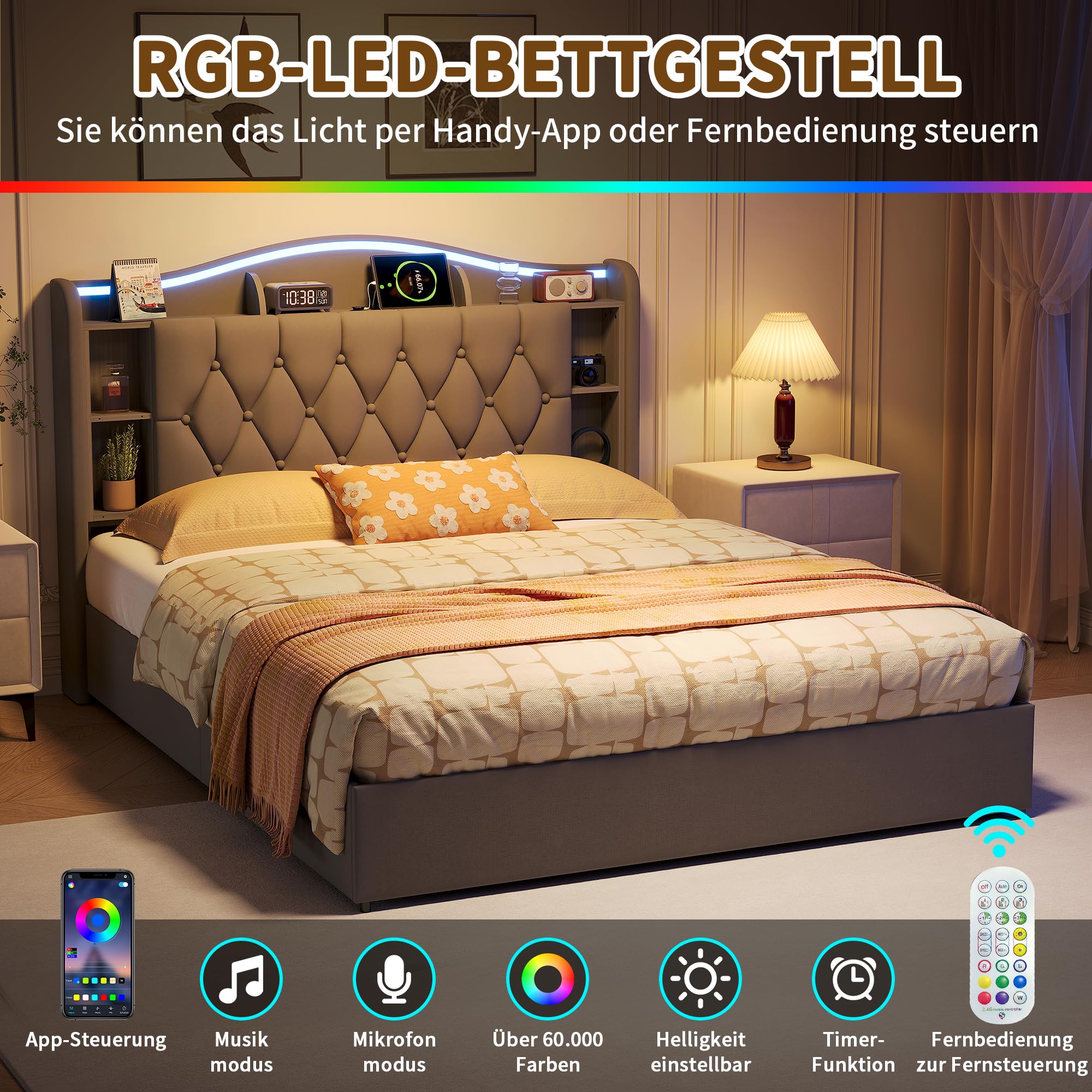 Letto Matrimoniale Contenitore 160x200 cm, con Archiviazione Idraulica, Deposito Nella Testata, LED, Ricarica Wireless e USB. Struttura in Velluto Grigio, Rete in Doghe di Legno, Senza Materasso