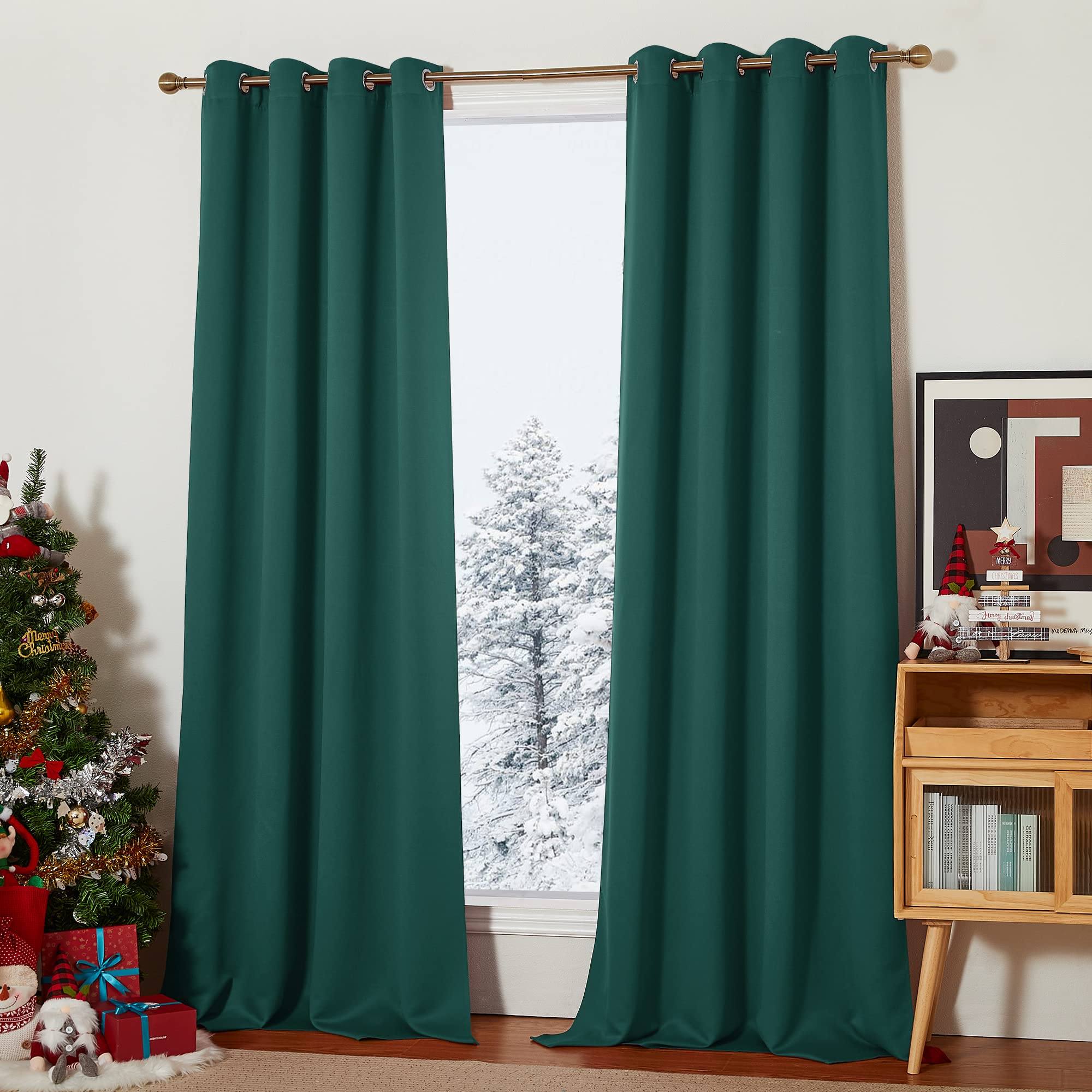 PONY DANCE Tende Oscuranti Tende Natalizie Tenda Termica Isolante Freddo e Caldo Tende Moderne per Soggiorno Tende Salotto con Anelli 2 Pezzi L 140 x A 245 cm, Verde Scuro