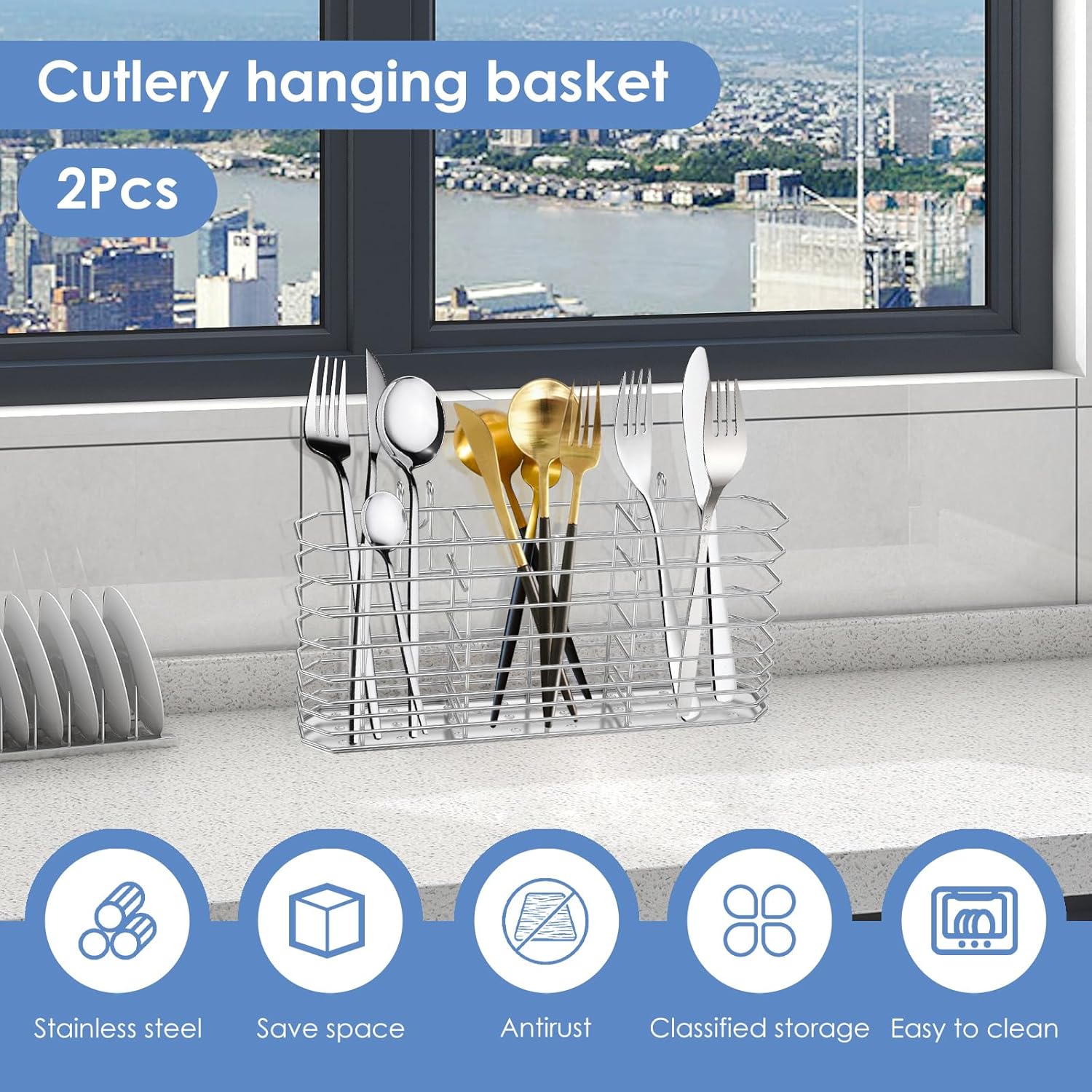 2pc 304 Stainless Steel Utensil Holder,Silverware Drying Rack with Hooks for Dish Drainer,Dish Drying Rack with 3 Divided Compartments,Knife and Fork Drainage Rack,With Hooks, Rust Proof, Color-Silver