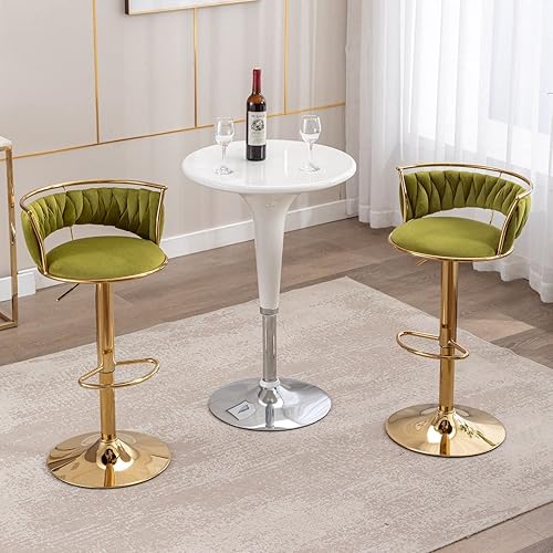 Miniatura 7 de LukeAlon Juego de 2 taburetes de bar ajustables de terciopelo, modernos taburetes giratorios de 360 con base dorada, sillas de bar altas tapizadas