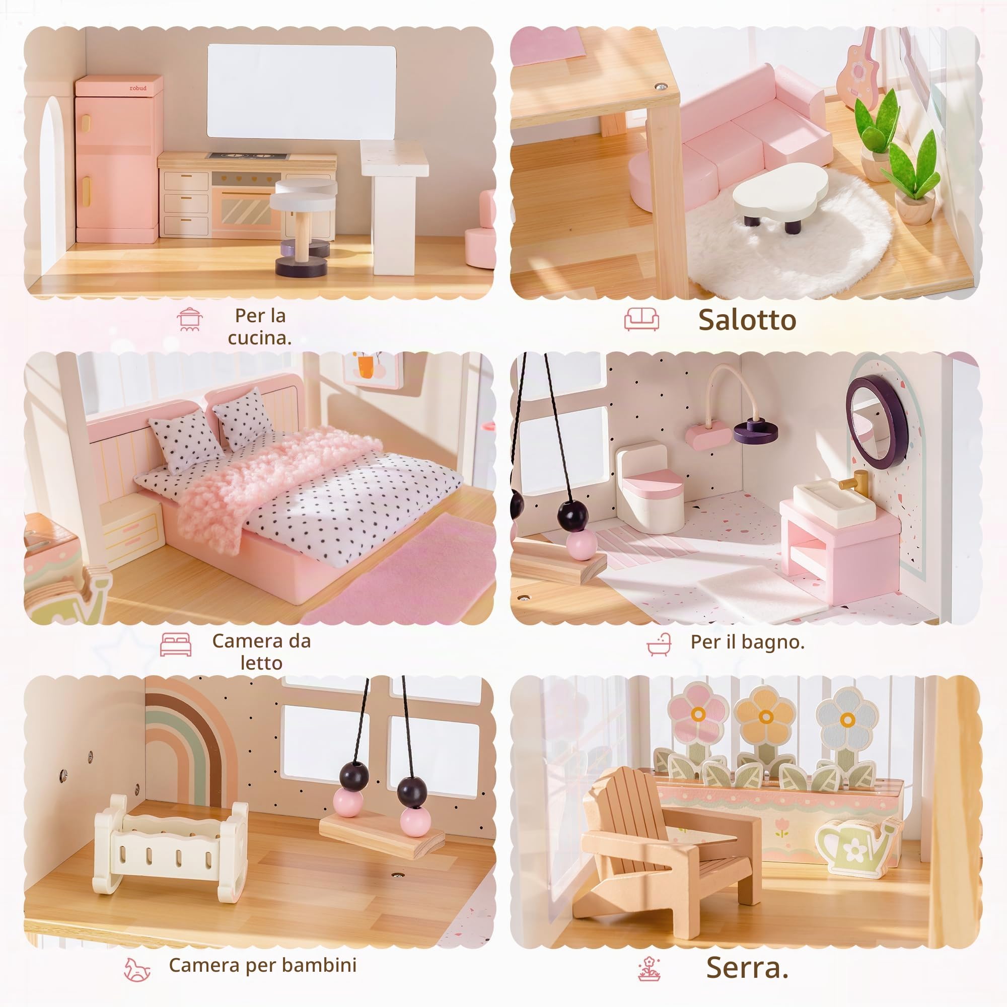 ROBUD Casa delle Bambole in Legno, Casa delle Bambole a 3 Piani con 37 PCS di Mobili Giocattolo e Accessori per Bambole - Casa delle Bambole per Gioco Simulativo con 5 Stanze e Serra, Giocattolo