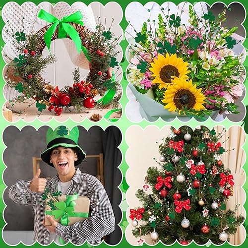 Miniatura 7 de JUNEBRUSHS Decoraciones del día de San Patricio, paquete de 6 palillos de trébol artificiales, ramas de bayas en forma de trébol con 2 rollos de