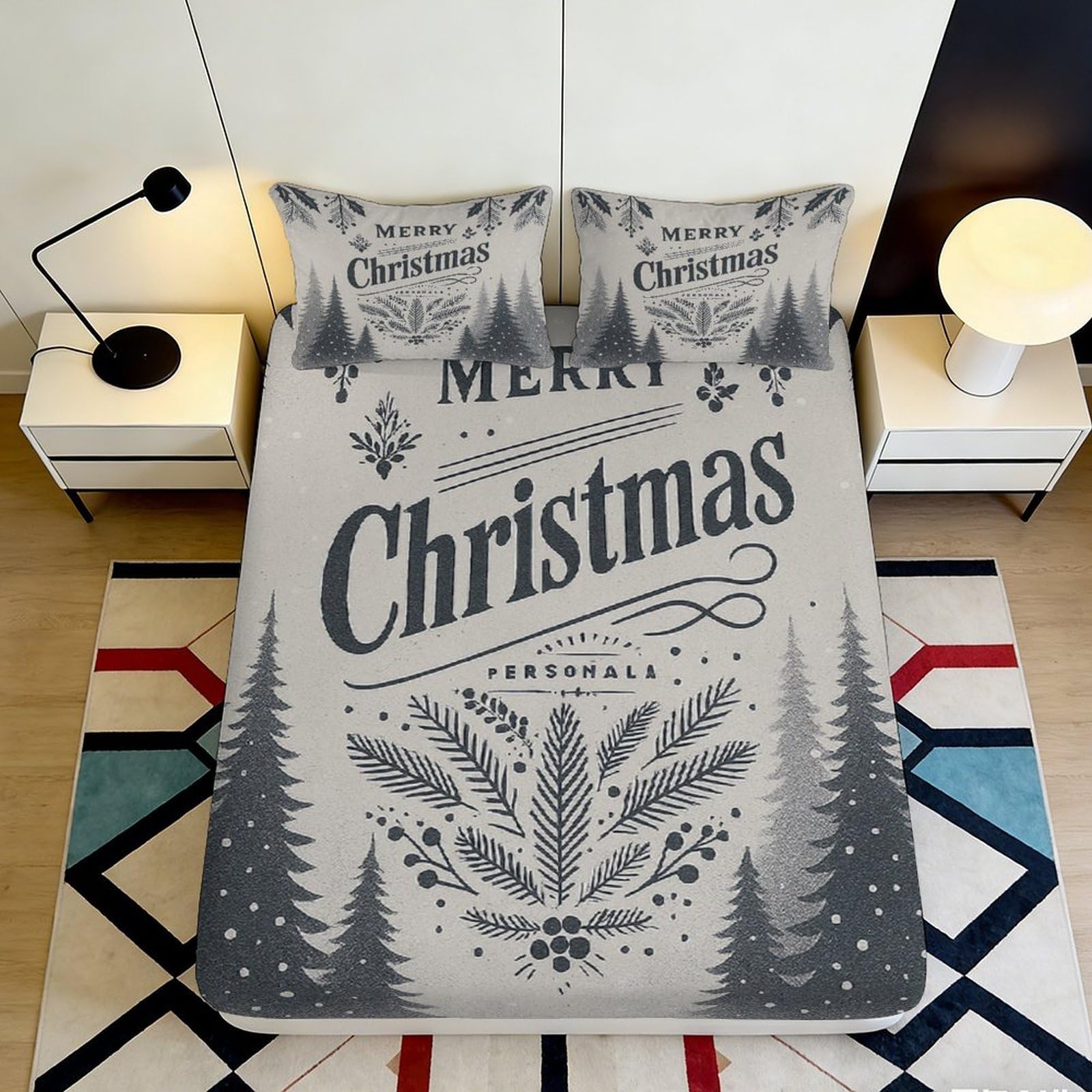 3D Printed Christmas Tree Fitted Sheet Microfiber Grey Snowflake Bed Cover for Bedroom Guest Room Mattress Protection 200x200x25cm