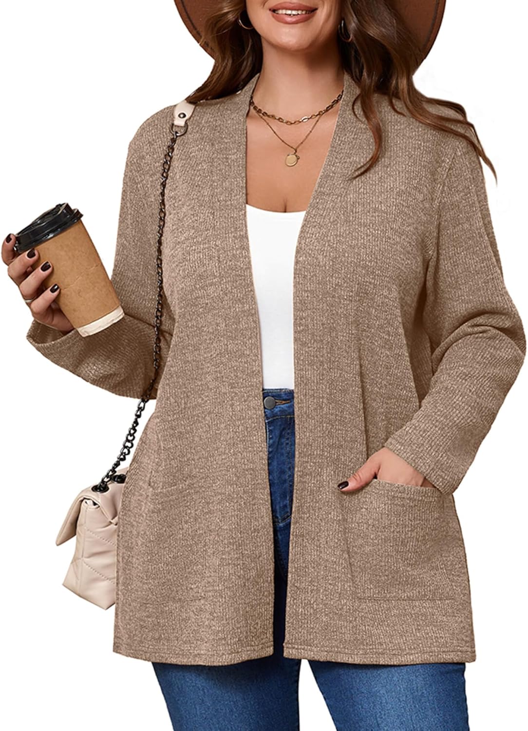 AusLook Women's Plus Size Lightweight Open Front Cardigan Long Sleeve Sweater Cover Ups Shrugs Jacket Shawls and Wraps Kimono