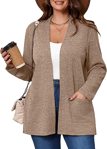 AusLook Women's Plus Size Lightweight Open Front Cardigan Long Sleeve Cover Ups Shrugs Jacket Shawls and Wraps Kimono