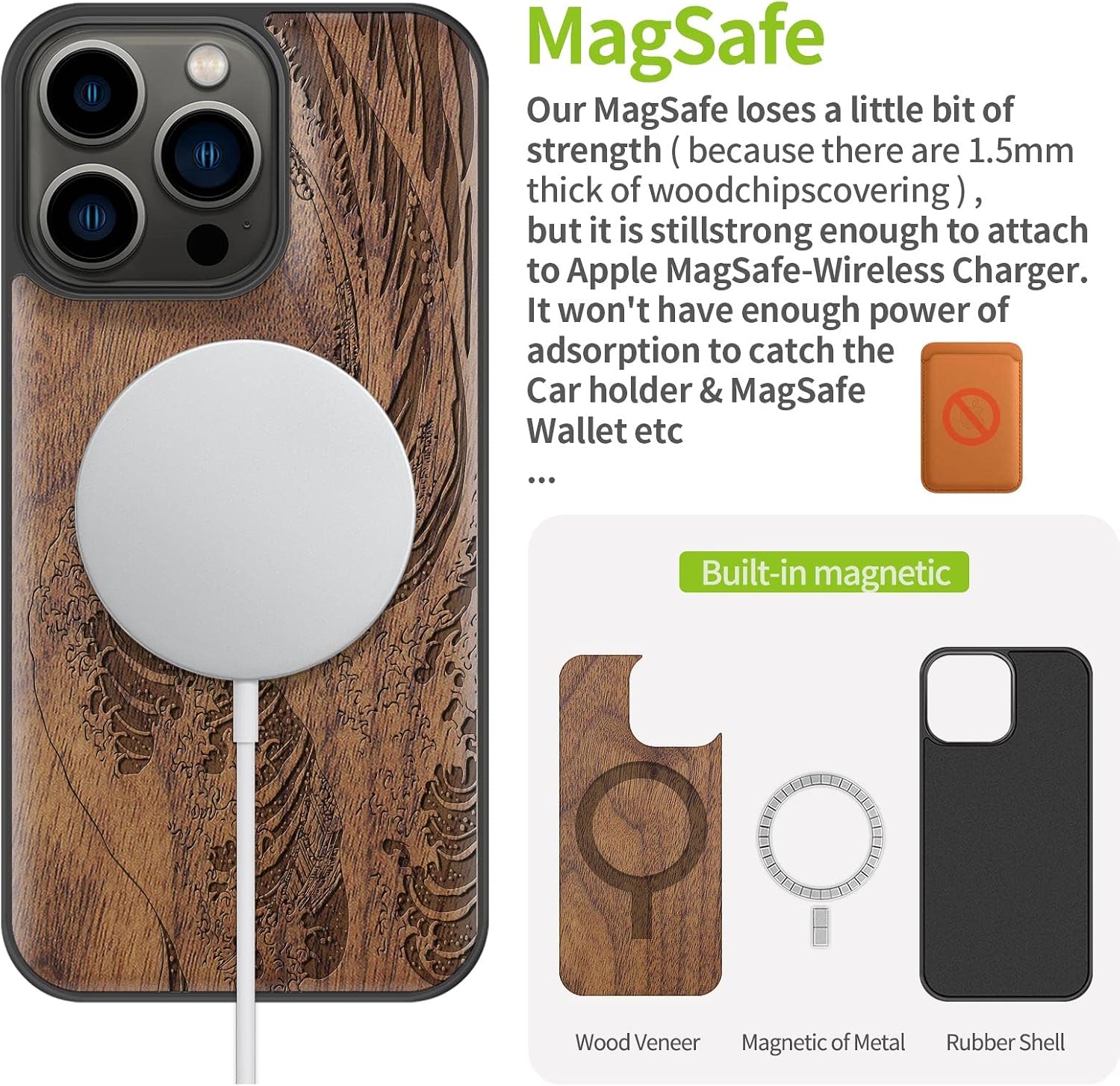 Carveit Magnetic Wood Case for iPhone 13 Pro Case [Natural Wood & Soft TPU] Unique & Classy Wooden Shockproof Protective Cover Compatible with MagSafe (The Great Wave Off Kanagawa -Walnut)