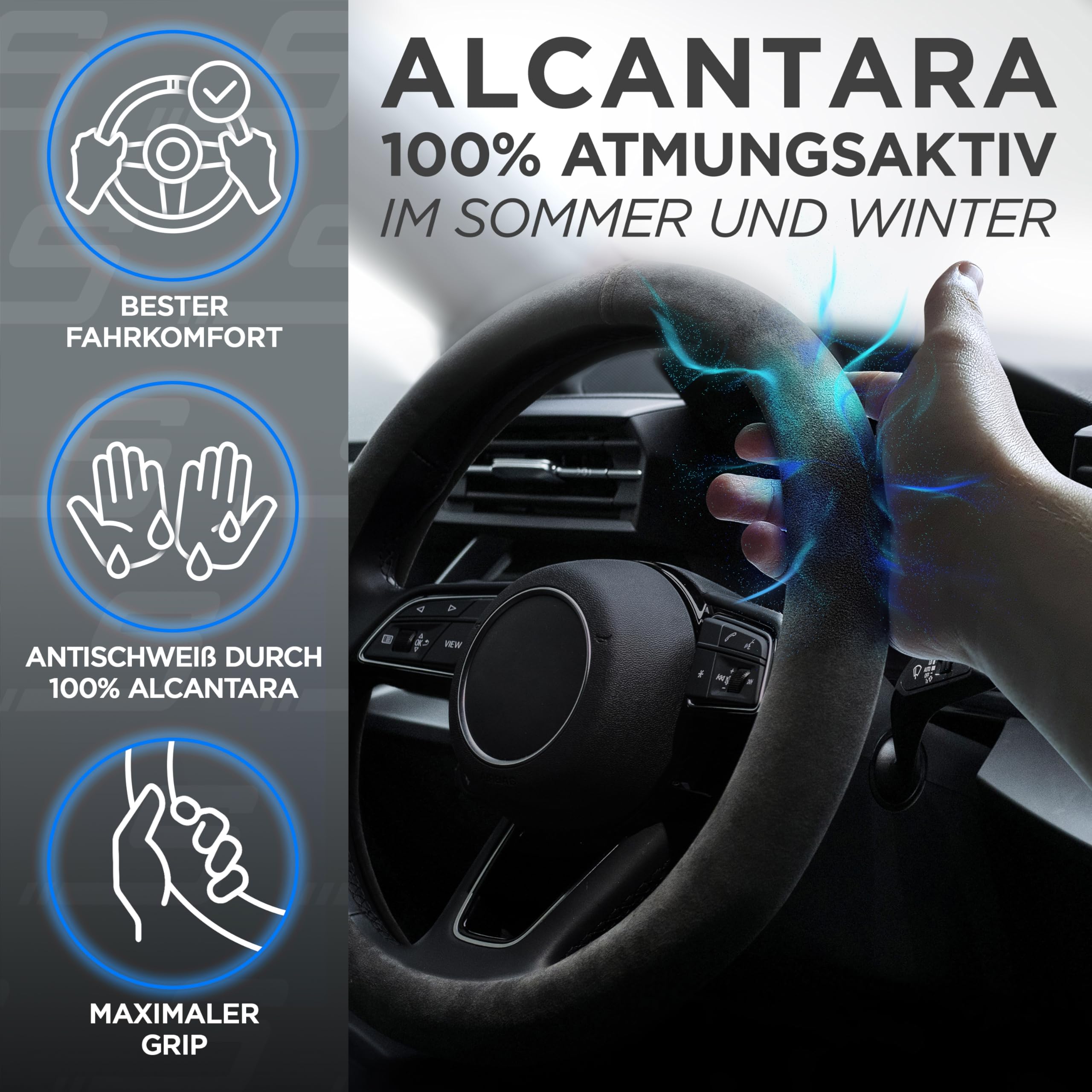 S-TETIC® Premium Lenkradbezug aus Alcantara | Schwarze 12-Uhr Markierung | Universalgröße 36-38 cm | Lenkradcover | für Sommer und Winter