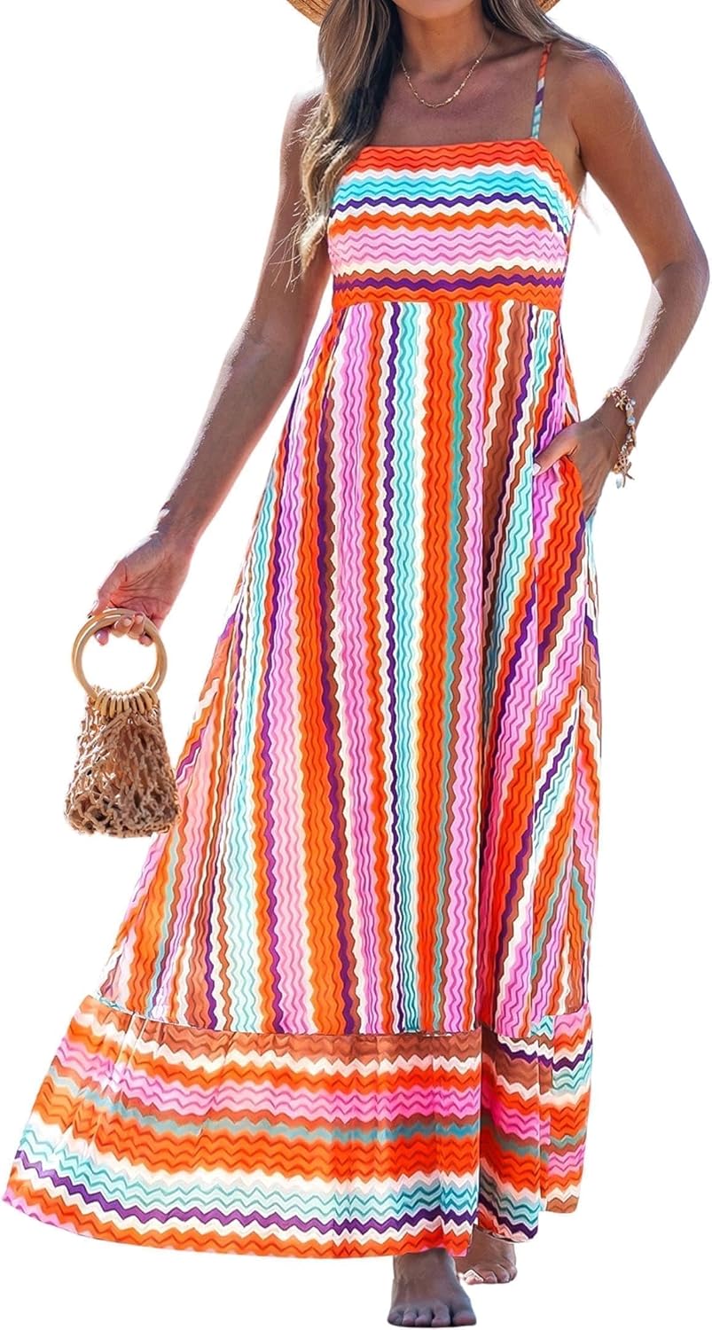 popvil Women Maxi Dress 2026 Spring Spaghetti Strap Summer Long Boho A-Line Flowy Dress Casual Sleeveless Sun Beach Dress