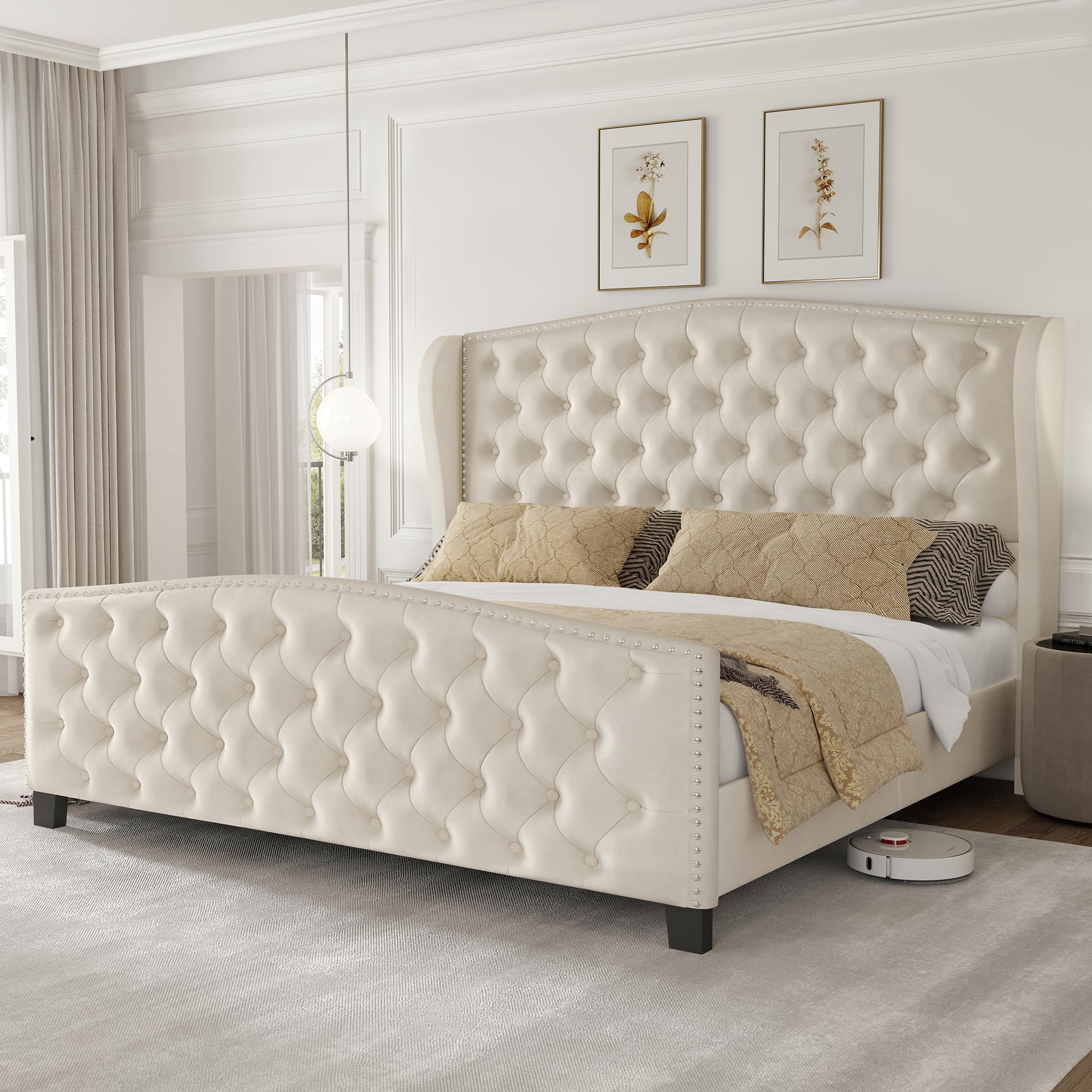 queen size bed frame velvet upholstered platform bed with wingback headboard & footbaord, deep button tufted bed frame with wood slats support, no box spring needed, beige box1/2 only