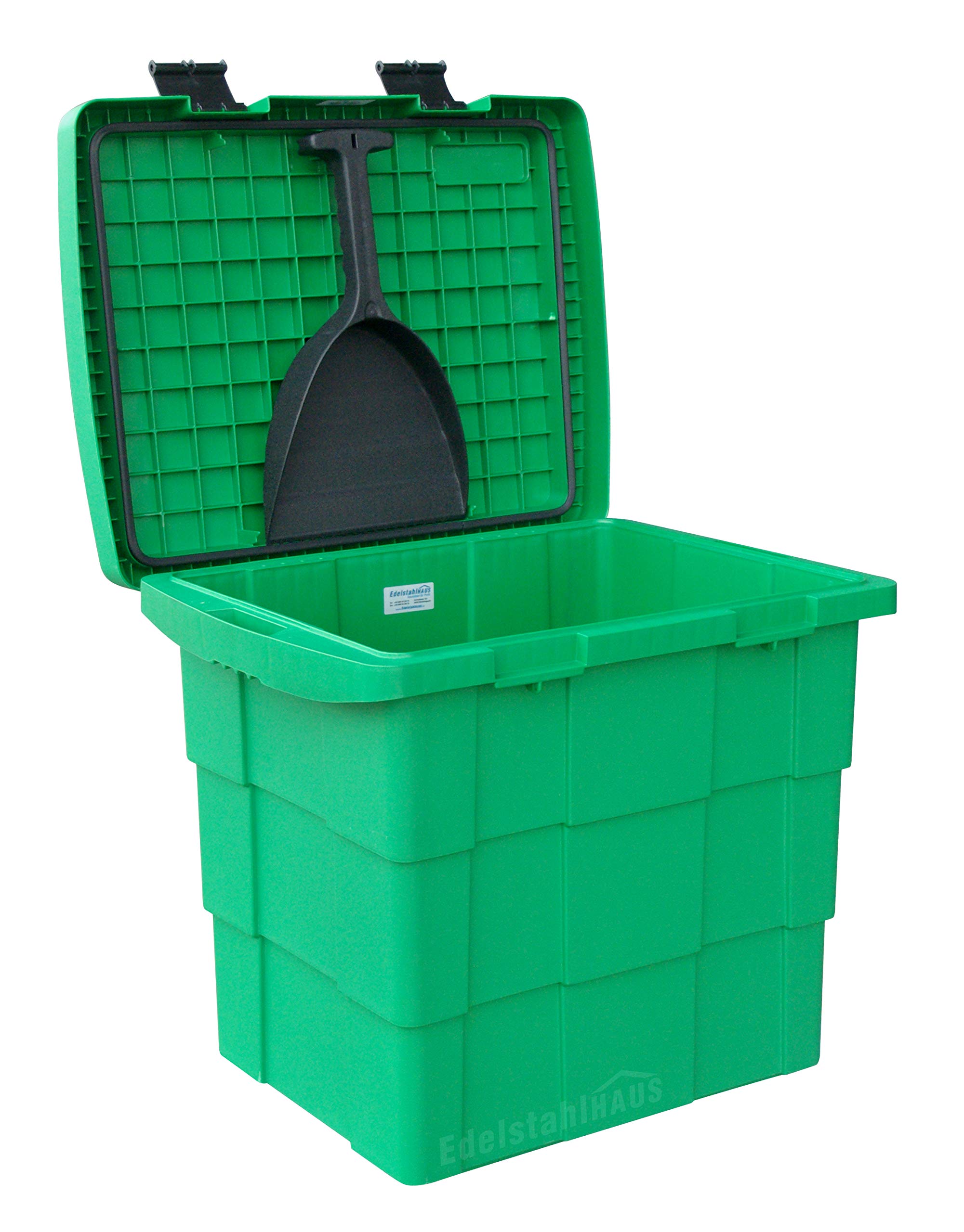 DAKEN Récipient à épandre avec pelle 108 l Vert Boîte à sel de déneigement Bac à sable Bac de stockage, boîte à saupoudrage, bac à sel, service d'hiver avec pelle