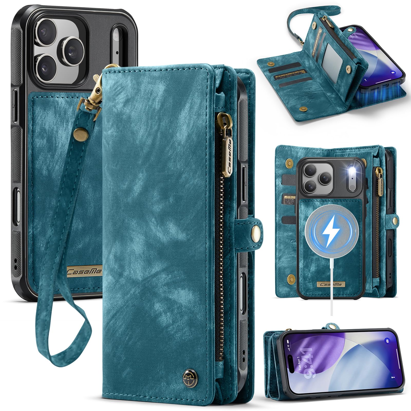 Funda Cartera Magnética Desmontable de Piel para iPhone 17 Pro MAX - Antigolpes y Multifunción con Soporte, Ranuras para Tarjetas, Carga Inalámbrica y Correa Extraíble, Azul
