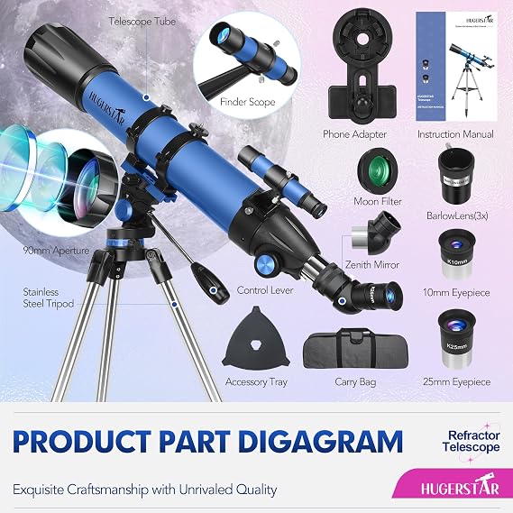 Telescope for Adults High Powered, 90mm Aperture 800mm Refractor | Professional Telescopes, for Astronomy Beginners, with AZ mount, Tripod, Carry Bag and Moon Filter, Travel and Stargazing