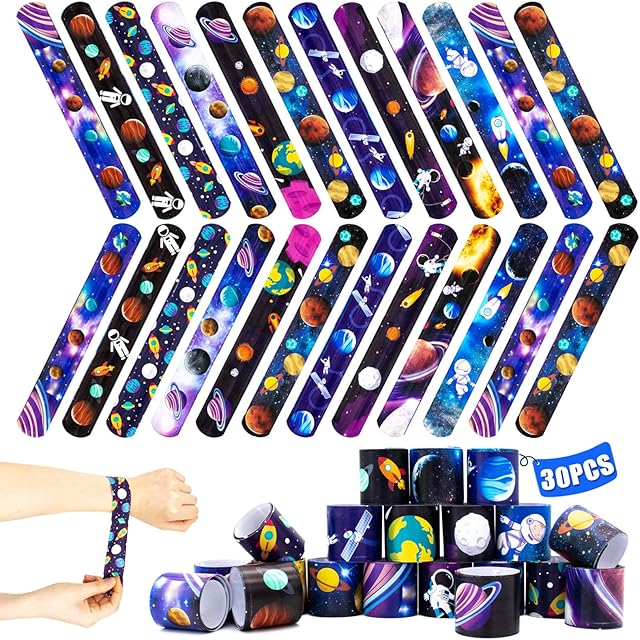 30 PCS Slap Bracelet for Kids Party Bag Fillers, Interesting Space Wristbands Fun Boys and Girls Snap Bands Bulk Vinyl Rolls for Birthday Gift Goodie Bag Flavors School Classroom Little Toys