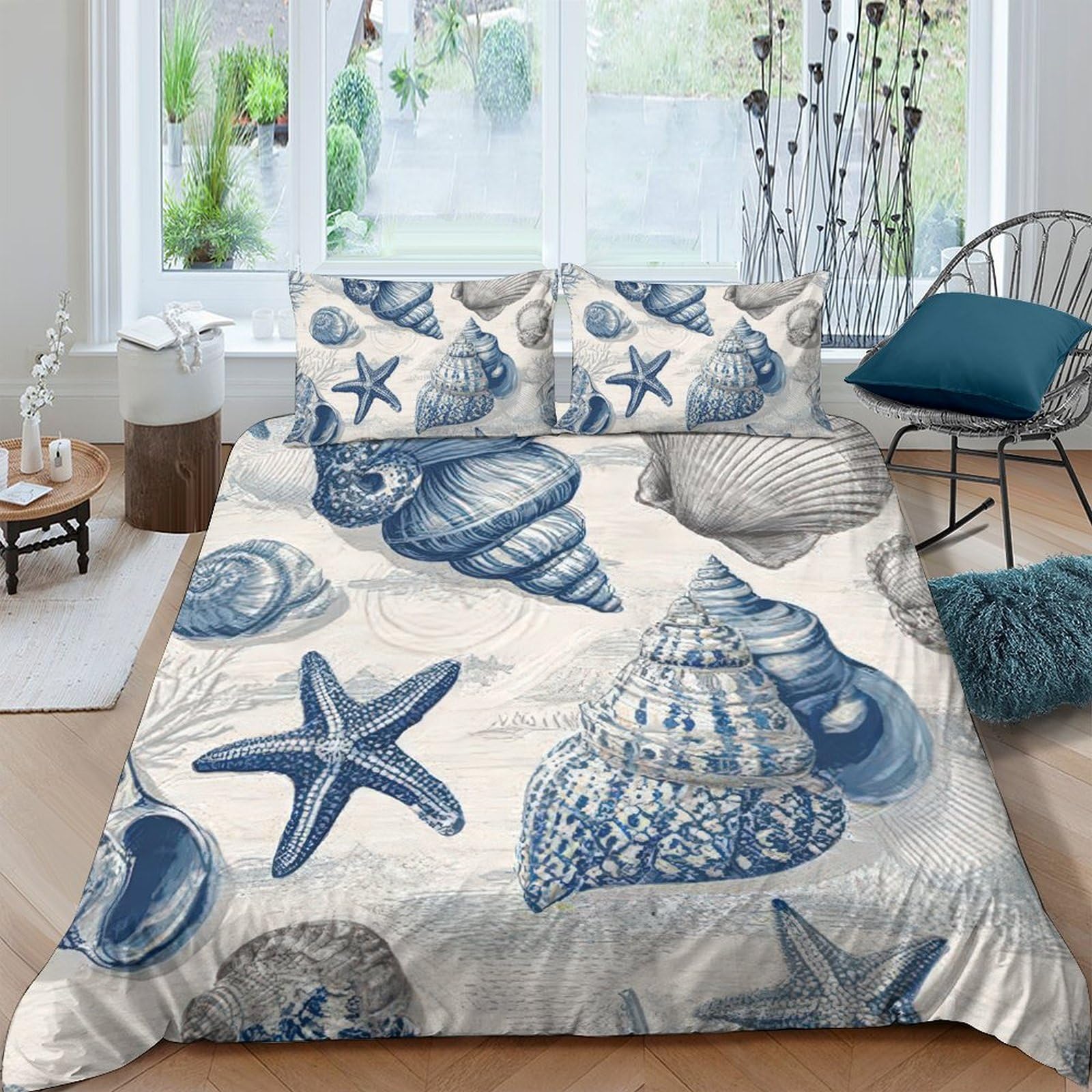 Ctjqhvkz Style-9 3D Printed Seashell Fitted Sheet Microfiber Blue Starfish Mattress Cover Bedroom Decor Dustproof Washable Bed Protector Single（135X200cm）