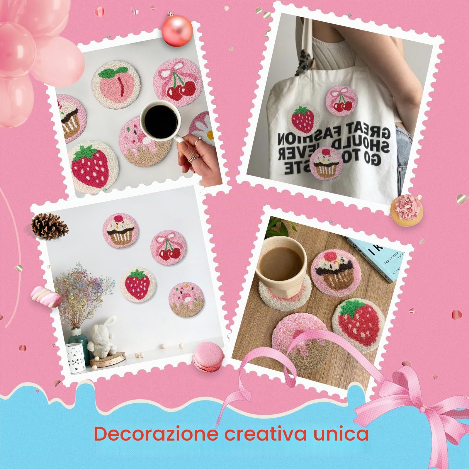 yuegool Kit di 6 sottobicchieri con ago perforatore, facile da ricamare fai da te, per principianti e regalo di San Valentino con motivi, strumenti e istruzioni