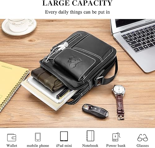 Miniatura 5 de BAIGIO Bolso de hombro pequeño de cuero para hombre, bolsa de mensajero, bolsa cruzada, bolso para hombre, bolso para viaje, negocios, trabajo