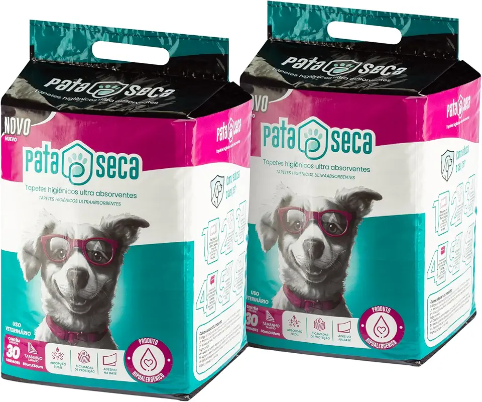 Tapete Higiênico Pata Seca para Cães Descartavel – Kit com 60 Unidades (2 Pacotes de 30) – 80x60cm – Fino, Ultra Resistente, Absorvente, Controle de Odor e Secagem Rápida