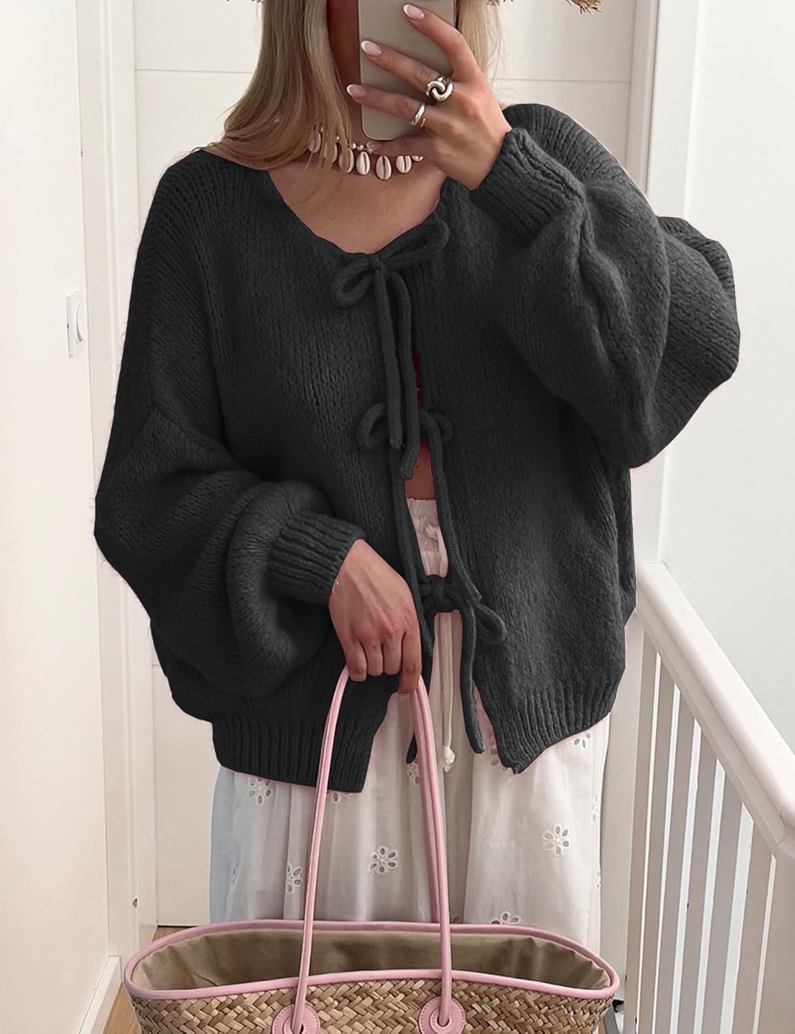 Lumister Cute Oversized Cardigan Sweaters for Women Y2K Long Sleeve V Neck Bow Tie Front Cadigan Knitwears Bow Tops - Image 2