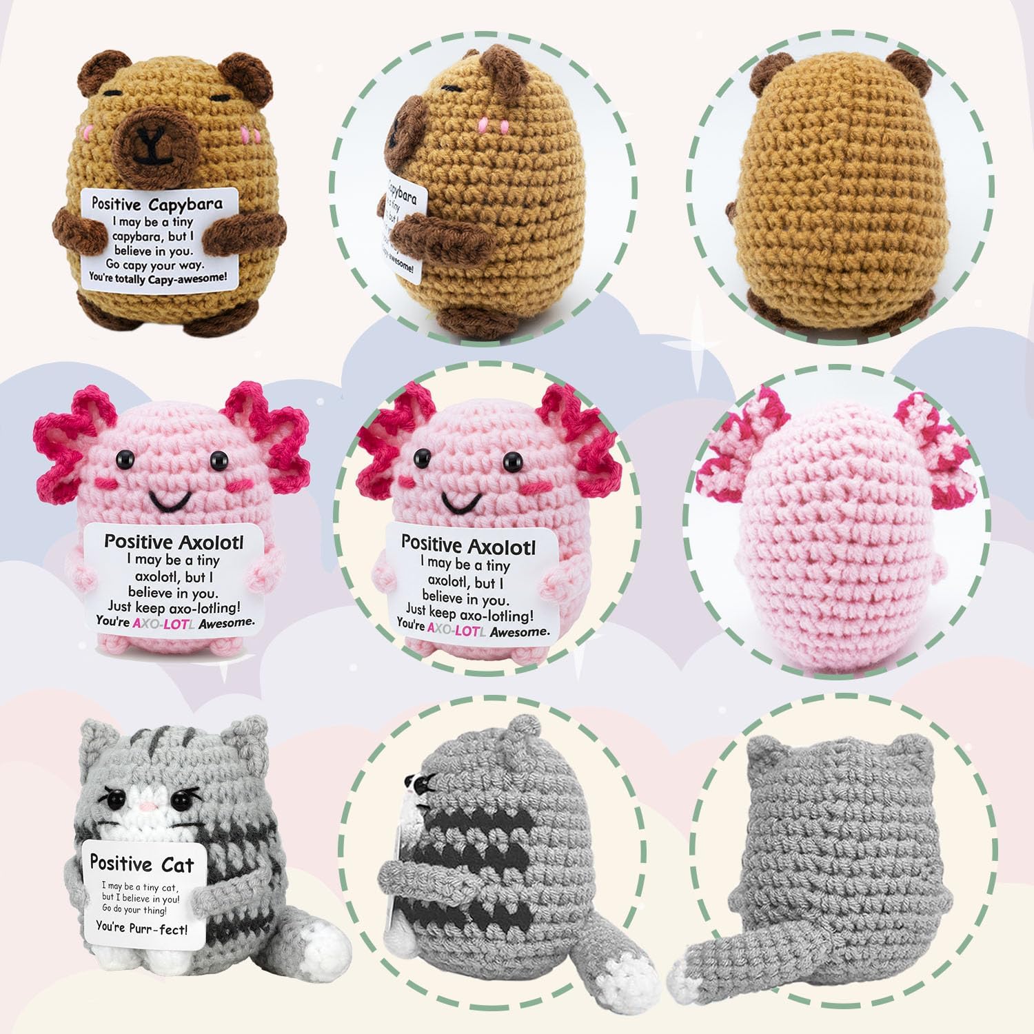 UNCLEM 6PCS Positive Crochet Animals Set Birthday Gift for Women Men Him Her Emotional Support Get Well Gift Potato Capybara Coffee Cat Chicken Axolotl Frog Desk Decor Friend Boyfriend