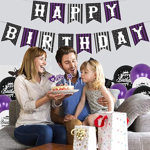 Miniatura 2 de Decoraciones de cumpleaños de miércoles con remolinos colgantes negro y morado, decoración de fiesta, pancarta gótica de tela de araña morada,