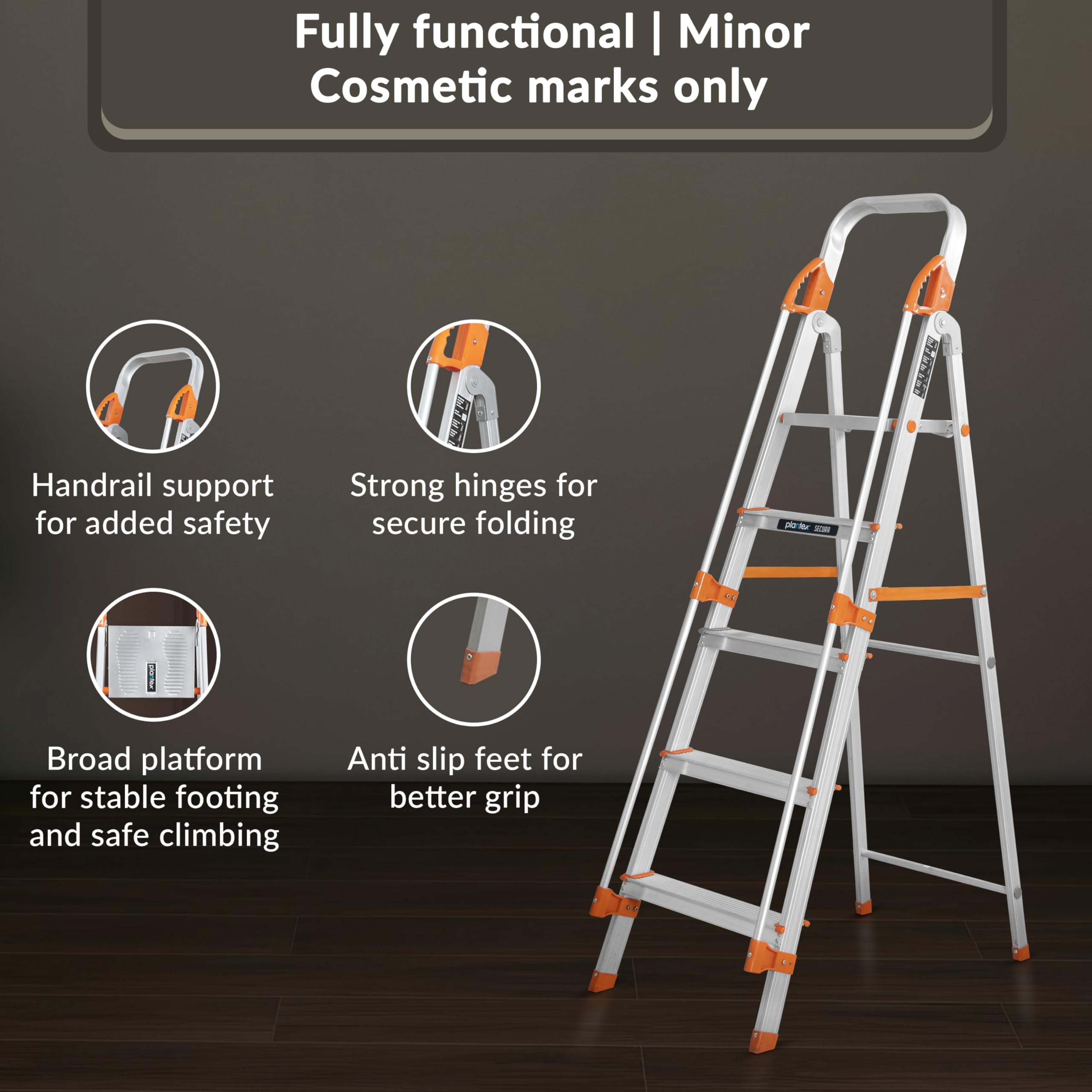 Plantex 5 Step Ladder - Aluminium, Anti-Skid -6