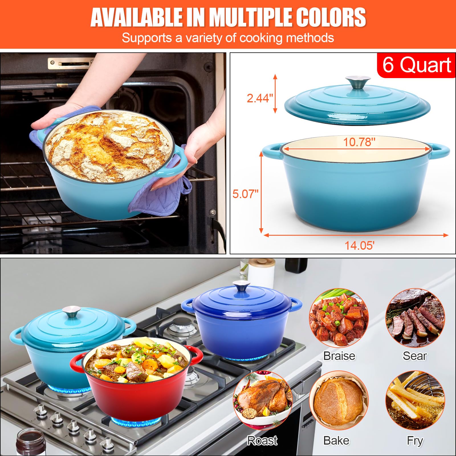 Four à pain en fonte émaillée de 6 l avec couvercle, cocotte pour la cuisson du pain, y compris les fournitures de cuisson du pain au levain comme le panier à pain, la lame, le fouet à pâte pour pâte