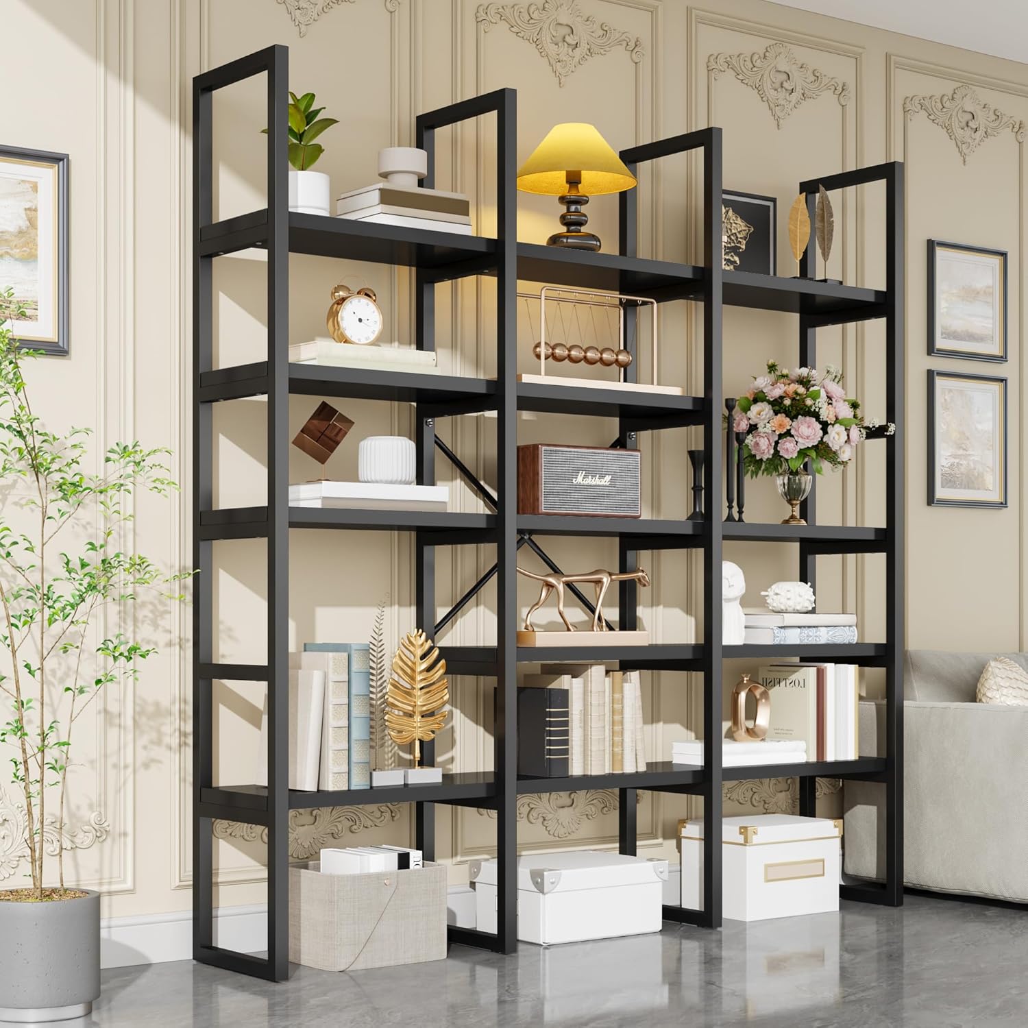 kepptory Triple Wide 5 Tier Bookshelf and Bookcase, Tall Industrial Metal Etagere Open Bookshelf, Wood Standing Book Shelf with Black Metal Frame for Bedroom Living Room, Dark Black