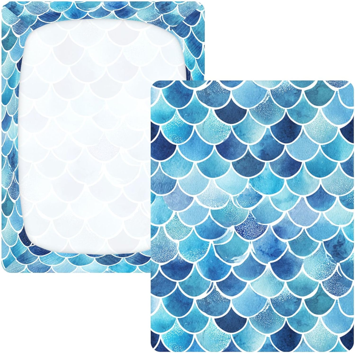 Watercolor Blue Mermaid Scale Crib Sheets Soft Breathable Fitted Cotton Baby Crib Sheets Mattress Cover for Girl Boy, 52" x 28" x 9"