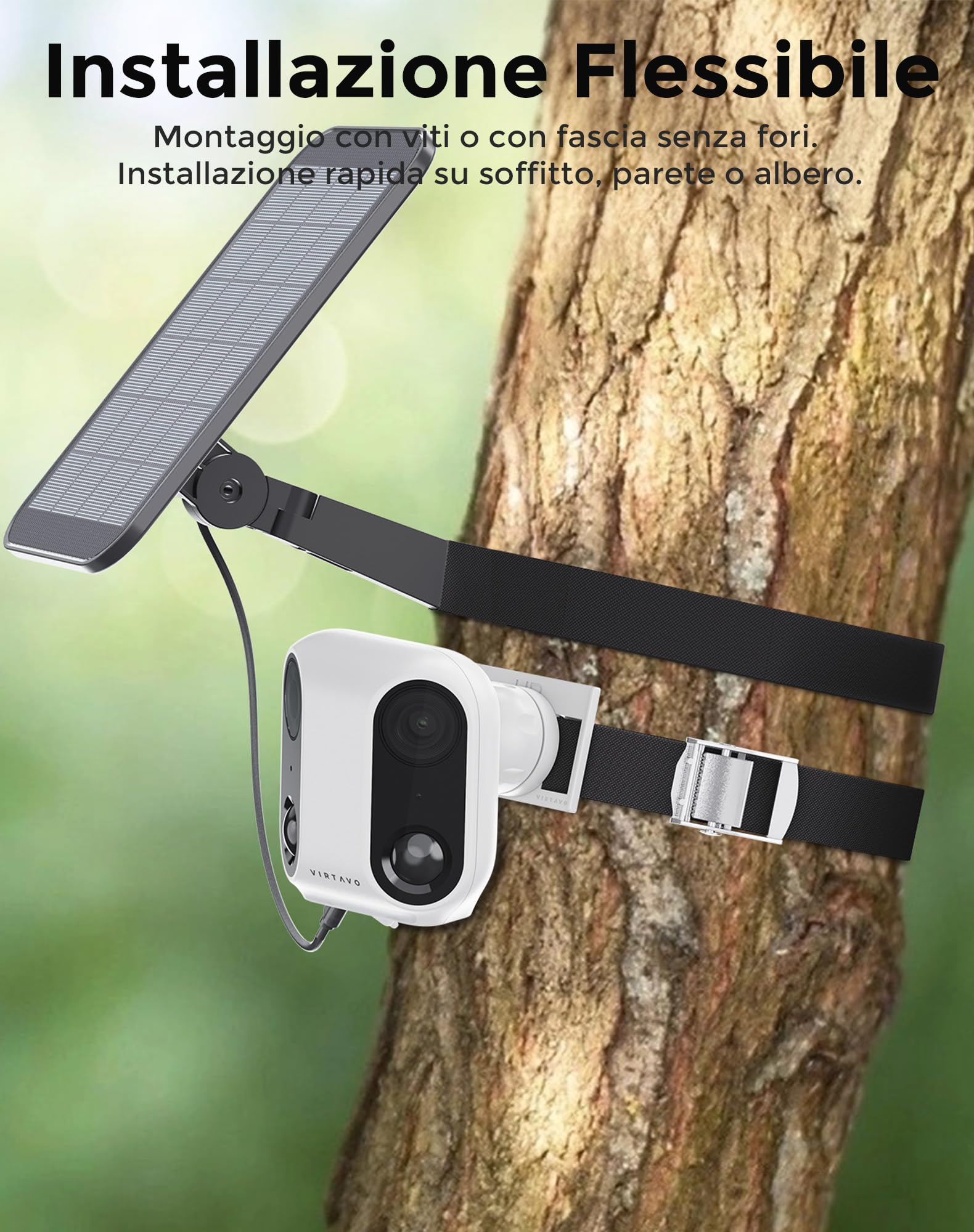 VIRTAVO XM1, Telecamera WiFi Esterno Senza Fili, Doppia Lente Vista Panoramica 160°, Videocamera di Sorveglianza con Pannello Solare, Visione Notturna Starlight a Colori, Rilevamento PIR, SD/Cloud