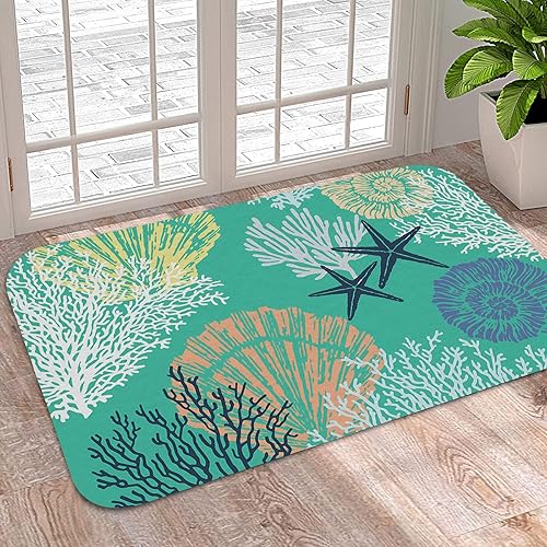 Miniatura 1 de Tapete de bienvenida, tapete de baño antideslizante con diseño de estrella de mar coral, concha, color verde azulado, alfombra lavable para cocina,