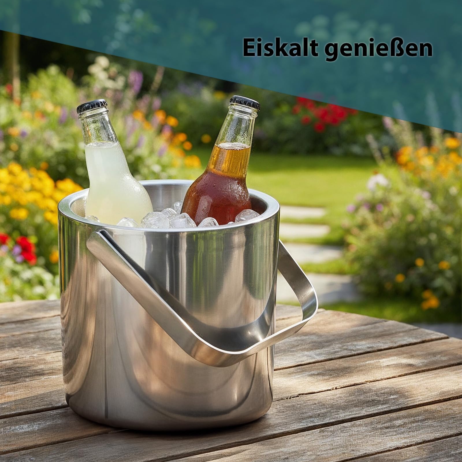 Montafox Edelstahl Eiswürfelbehälter 1,3 Liter Doppelwandig Eiswürfelkühler 100% BPA frei Eiseimer Eiswürfel Aufbewahrung Eiskübel Isoliert
