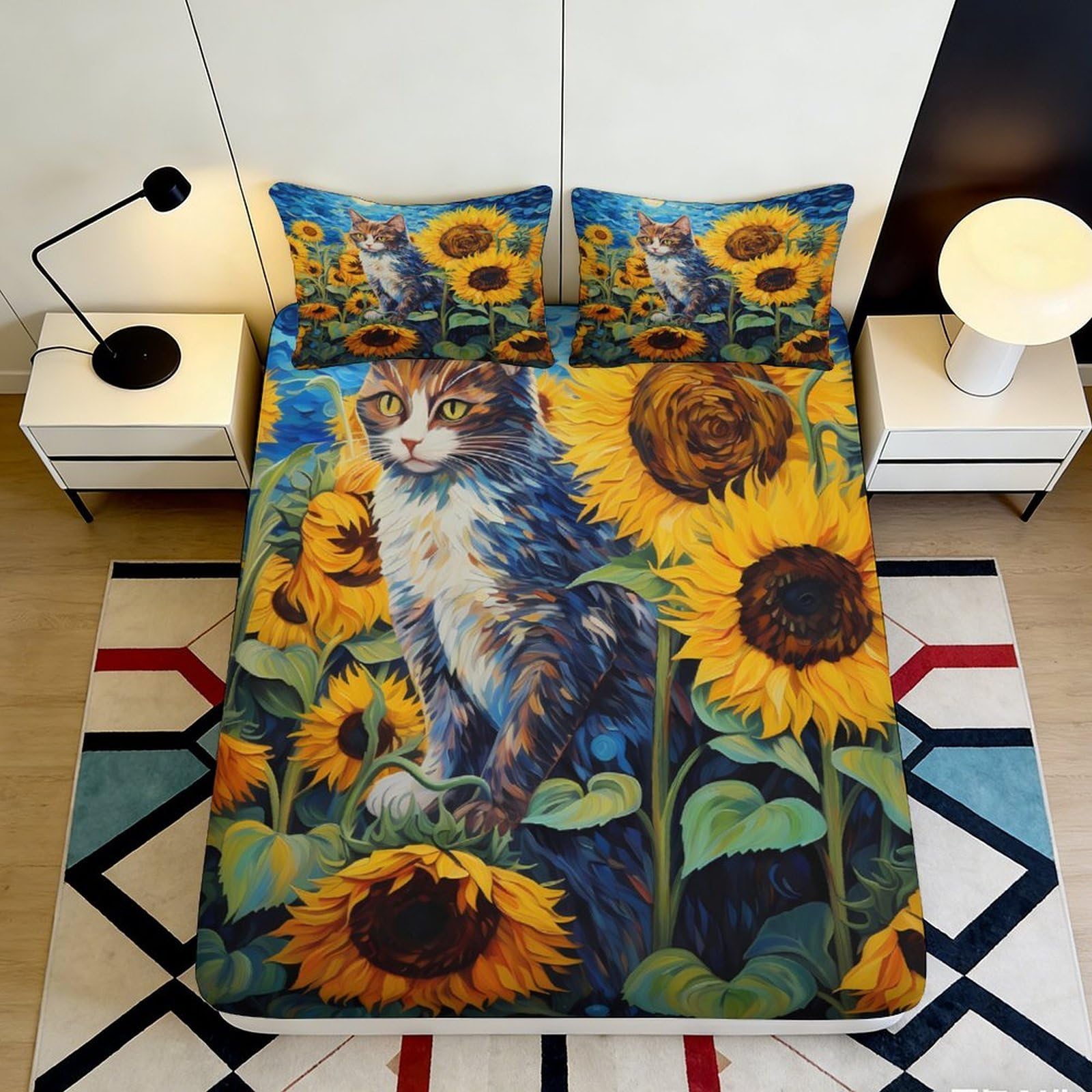 3D Printed Cat and Sunflower Fitted Sheet Microfiber Soft Breathable Floral Bed Cover for Bedroom Dormitory Guest Room Mattress Protection 140x200x25cm