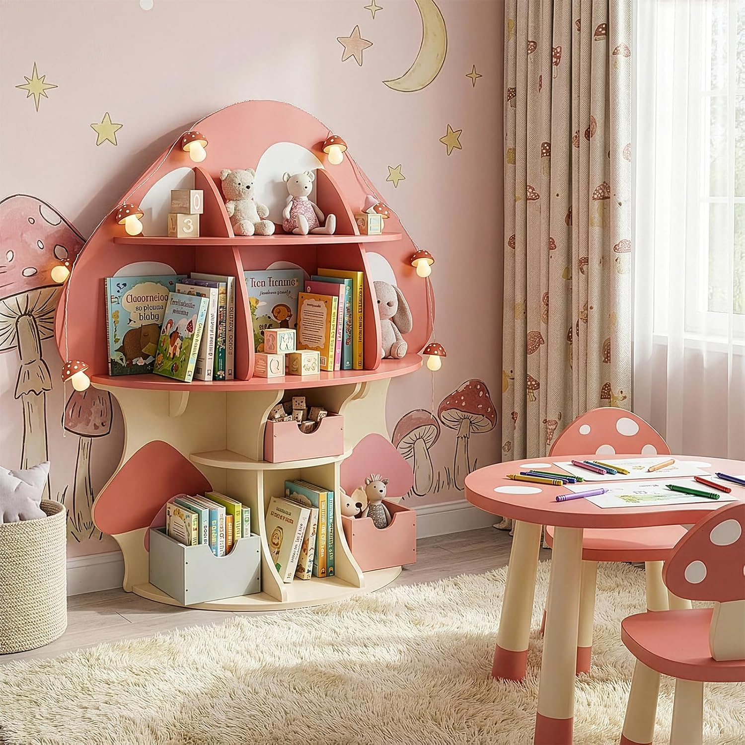 Karl home Children Mushroom Bookcase, Toddler Tree Bookshelf for Kids, Baby Montessori Bookshelf and Toy Storage, Kids Room Furniture, Display Shelf for Bedroom, Nursery, Playroom, Red-Orange