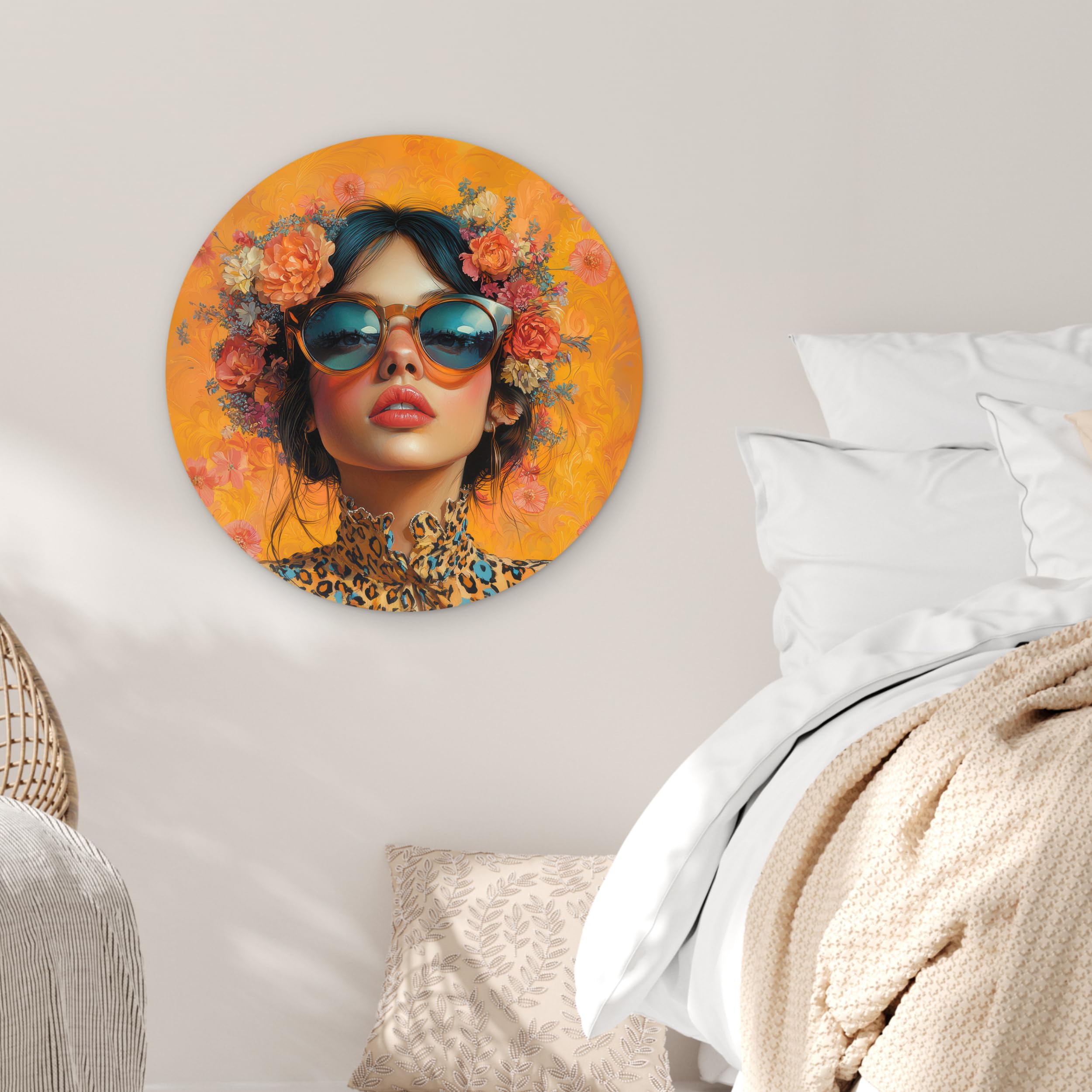 MuchoWow© Wandkreis Ø60 cm Home Decor Modern Dekoration Deko Wandbilder Wanddekoration Zimmerdeko Wohnung Wall XXL Wohnzimmer Schlafzimmer Frau - Blumen - Ästhetik - Orange