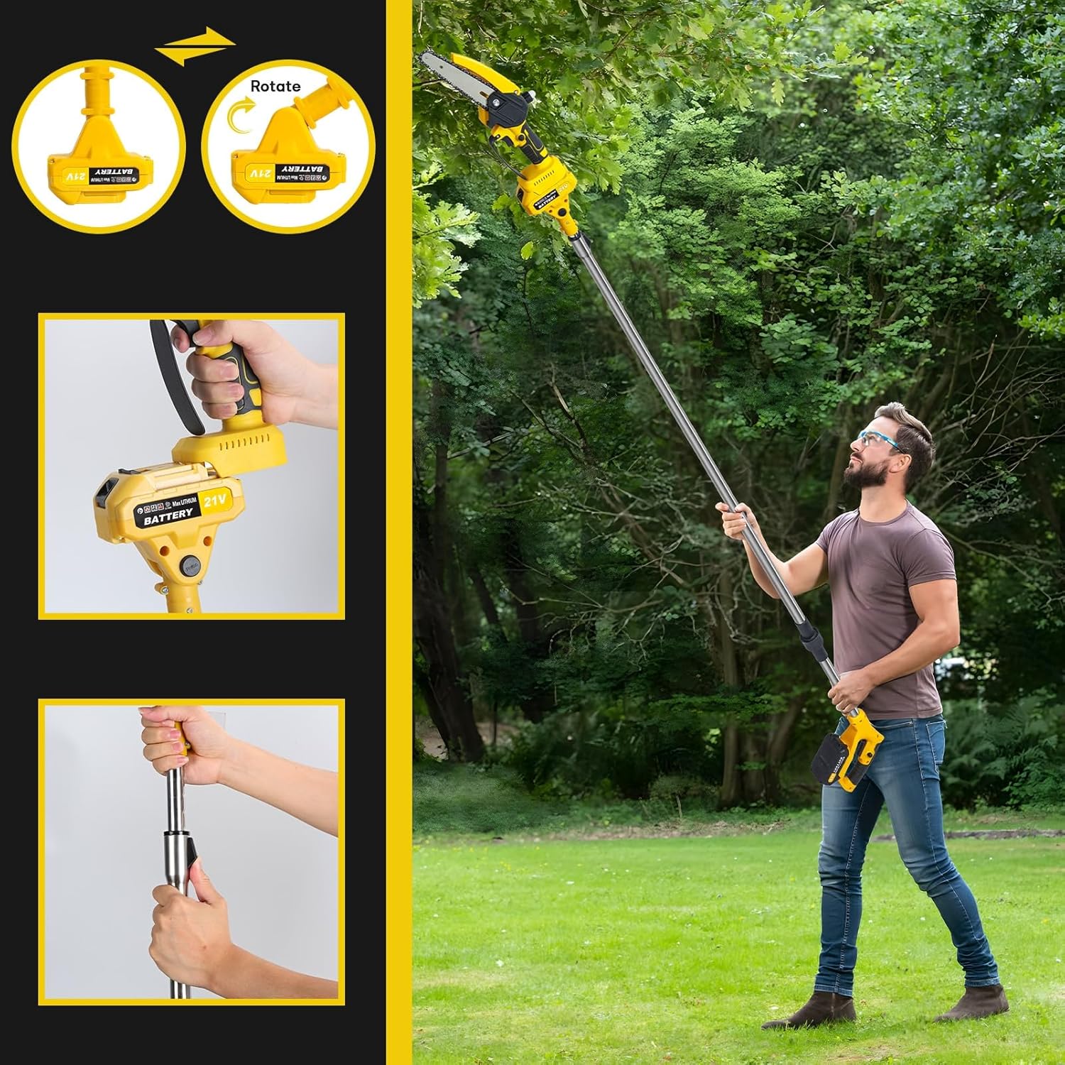 21V Cordless Pole Saw - Mini Chain Saw, 2-in-1 6" Brushless Motor Handheld Chainsaw with 2x1.5Ah Batteries, Telescopic Pole and Safety Kit, Electric Saws for Tree Pruning, Branch Cuttin Yellow