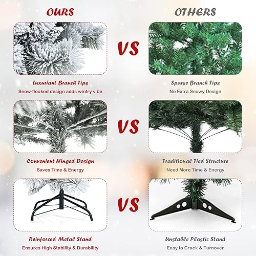 Miniatura 5 de Goplus Árbol de Navidad artificial flocado de nieve de 5 pies, árbol de Navidad con bisagras de lápiz blanco sin luz, con soporte de metal, 310