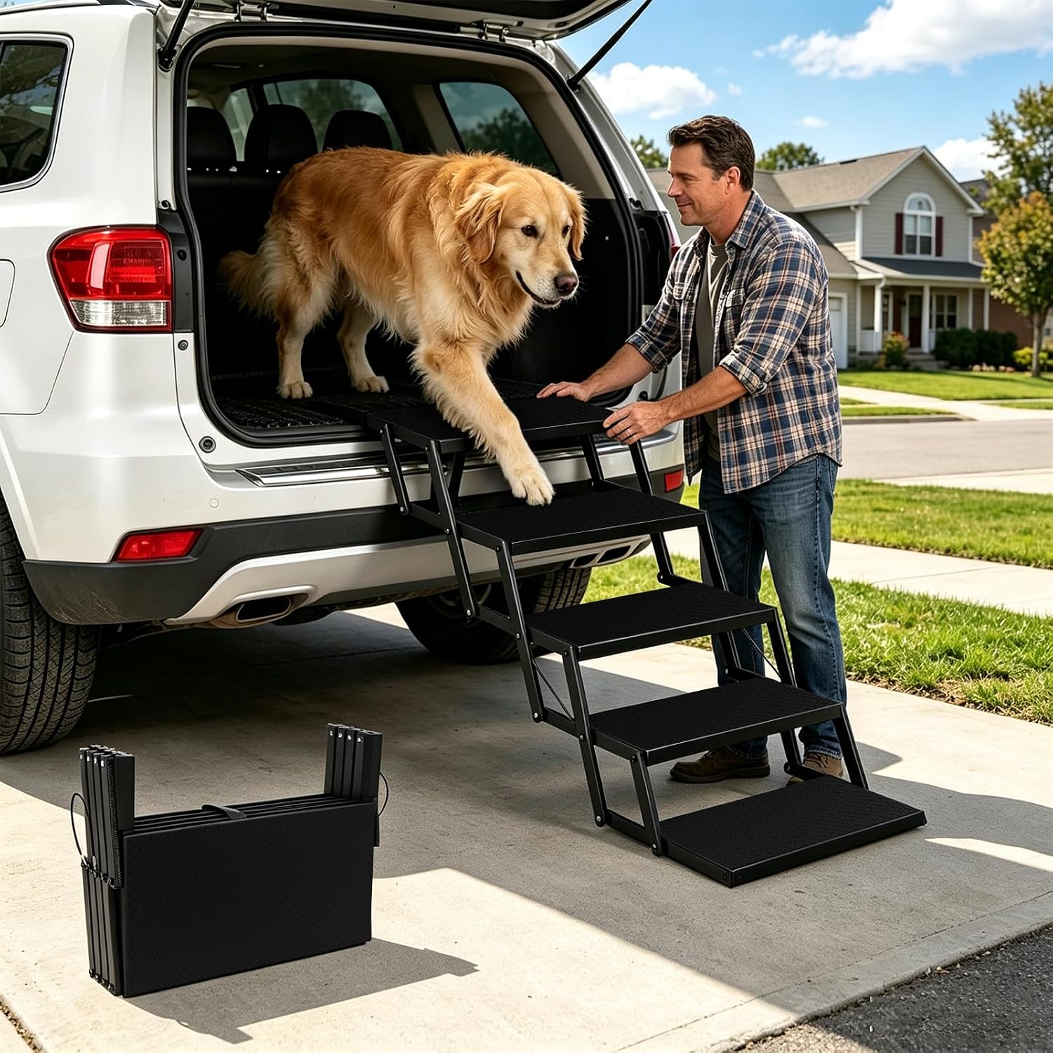 Foldable Dog Stairs for Car, HisFox Portable Dog Steps for Dogs, 5 Steps