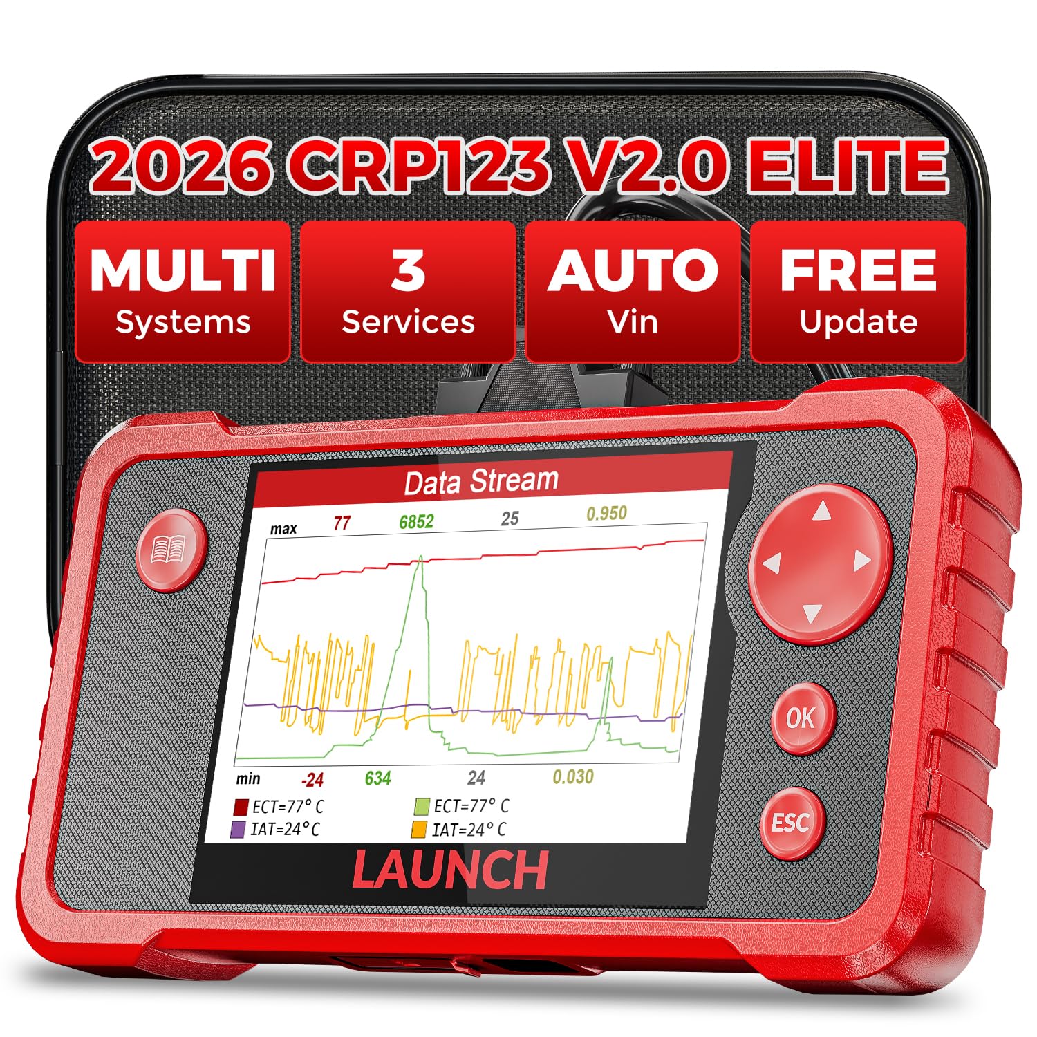 LAUNCH CRP123 V2.0 OBD2 Scanner-2026 New Model Engine/ABS/SRS/Transmission Diagnostic Scan Tool SRS Airbag Code Reader,3 Reset Oil Service/Throttle Relearn/SAS Reset,Lifetime Free Update