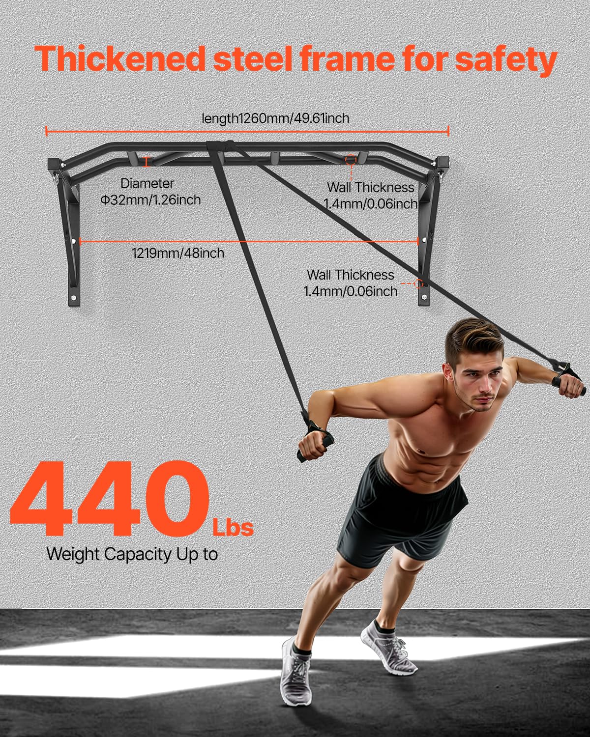 VEVOR Klimmzugstange Pull up Bar zur Wandmontage, 127 cm breite, multifunktionale Oberkörper-Trainingsstangen aus Stahl mit Aufhängern, Klimmzug-Trainingsstation (200 kg belastbar), Fitnessstudio